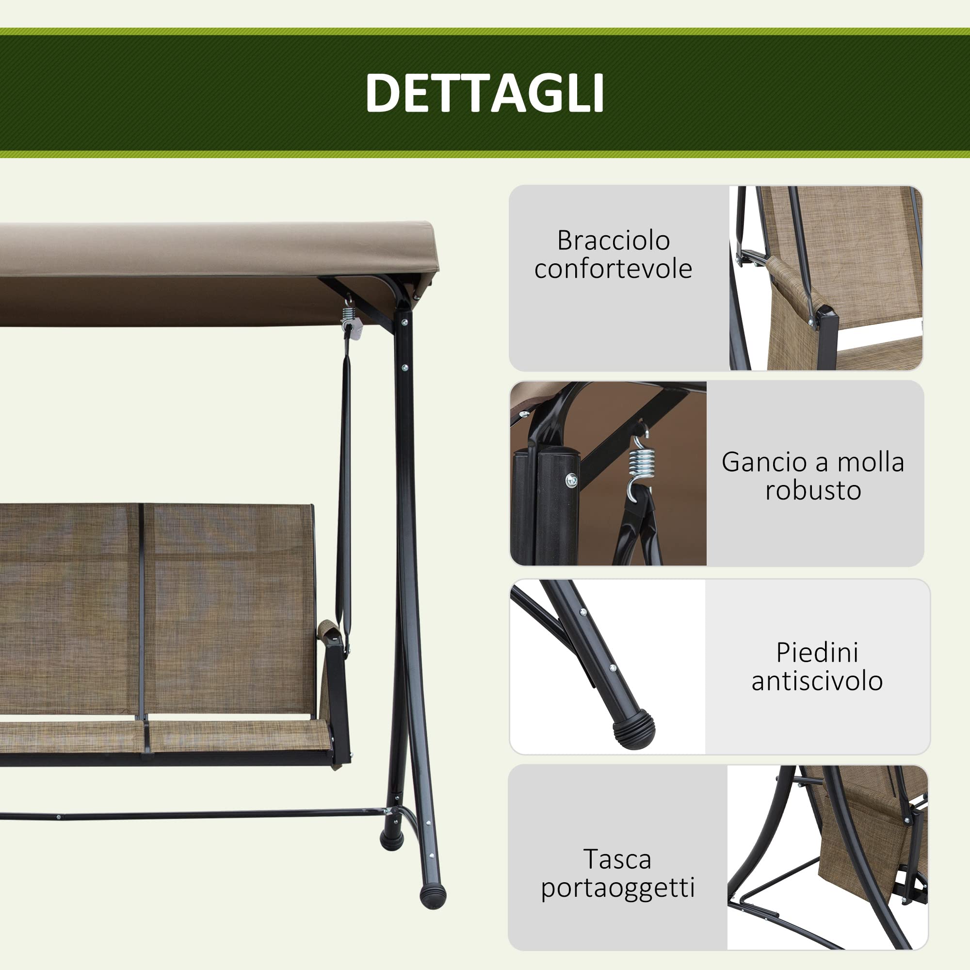 Outsunny Dondolo da Giardino a 3 Posti con Tettuccio Regolabile e Tasche Portaoggetti Marrone 196x128x172cm