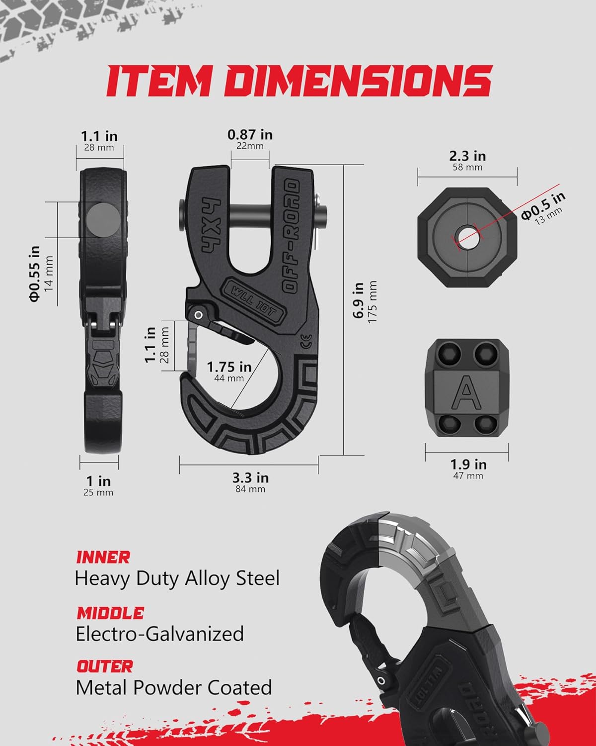 3/8" Tow Winch Hook with Cable Stopper, 10T Winch Hook, Upgrade Heavy Duty Forged Steel Winch Hook, 31967lbs Max Strength, Clevis Clip Hook Set for Synthetic Rope, Off-Road Vehicle, Black - Image 4