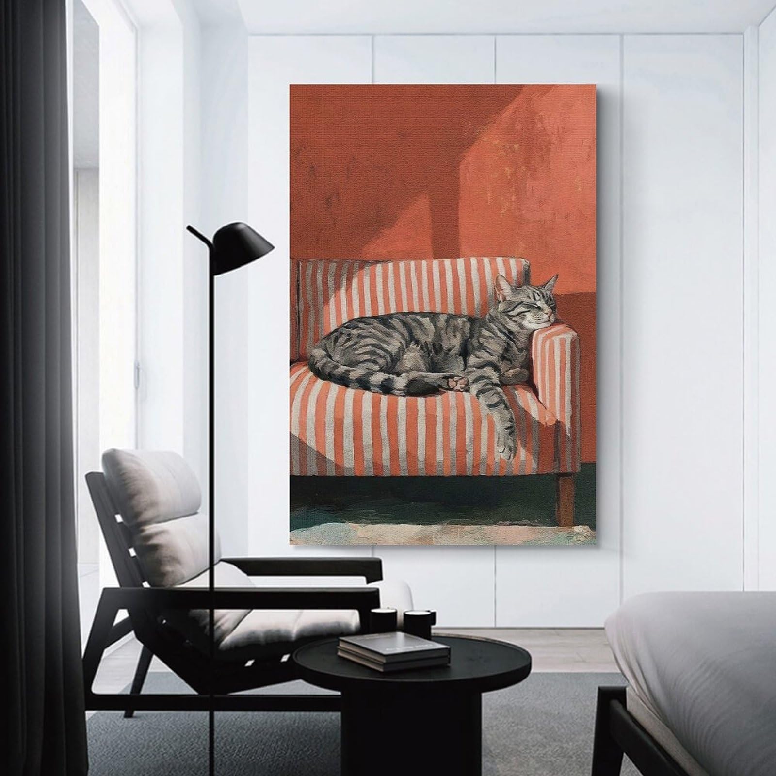 Junmoney Sleeping Tabby Cat on Striped Couch Wall Decor Canvas Print 16x24inch(40x60cm), for Lounge, Study, Hallway Or Flat Walls, Decorative Artwork with Broad Appeal