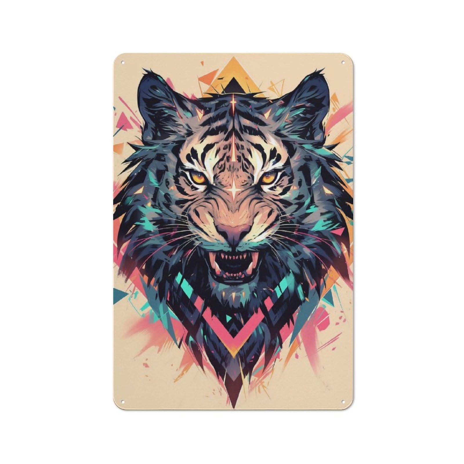 Garage Style Aggressive Tiger with Geometric Patterns Decorative Metal Plaque 30x20cm, Garage Wall Decor for Workshop, Basement, Shed Or Games Room