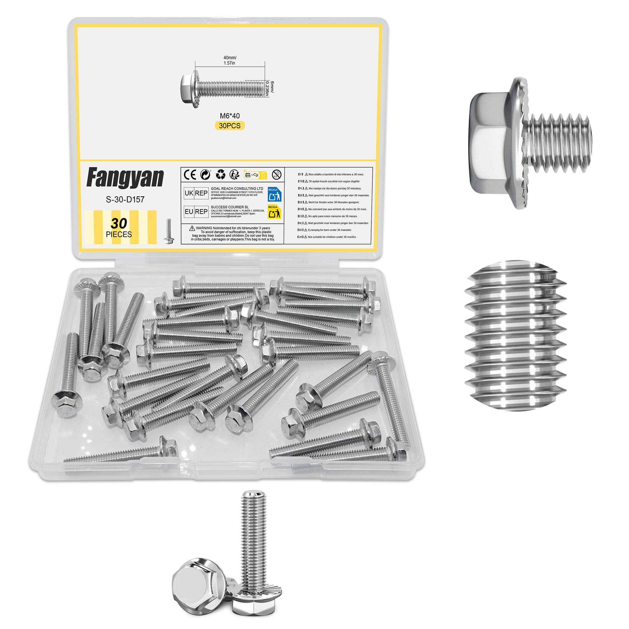 30 Pcs M6 × 40mm 304 Stainless Steel Flanged Hex Head Bolts