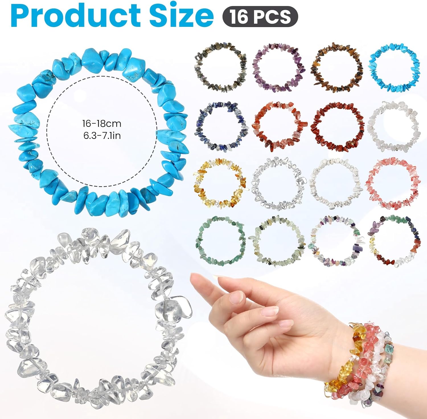 16 PCS Crystals Chip Bracelets Set for Women, Natural Crystal Bracelets Colorful Irregular Chips Beads Stretch Bracelet Reiki Stretch Beaded Bracelet Align Chakras Promote Communication - Image 2