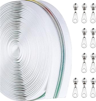 Sawoake 10 Yards Bulk Zipper#5 Colorful Teeth with White Nylon Coil Zipper By The Yards,Can Replace 10PCS Sliders