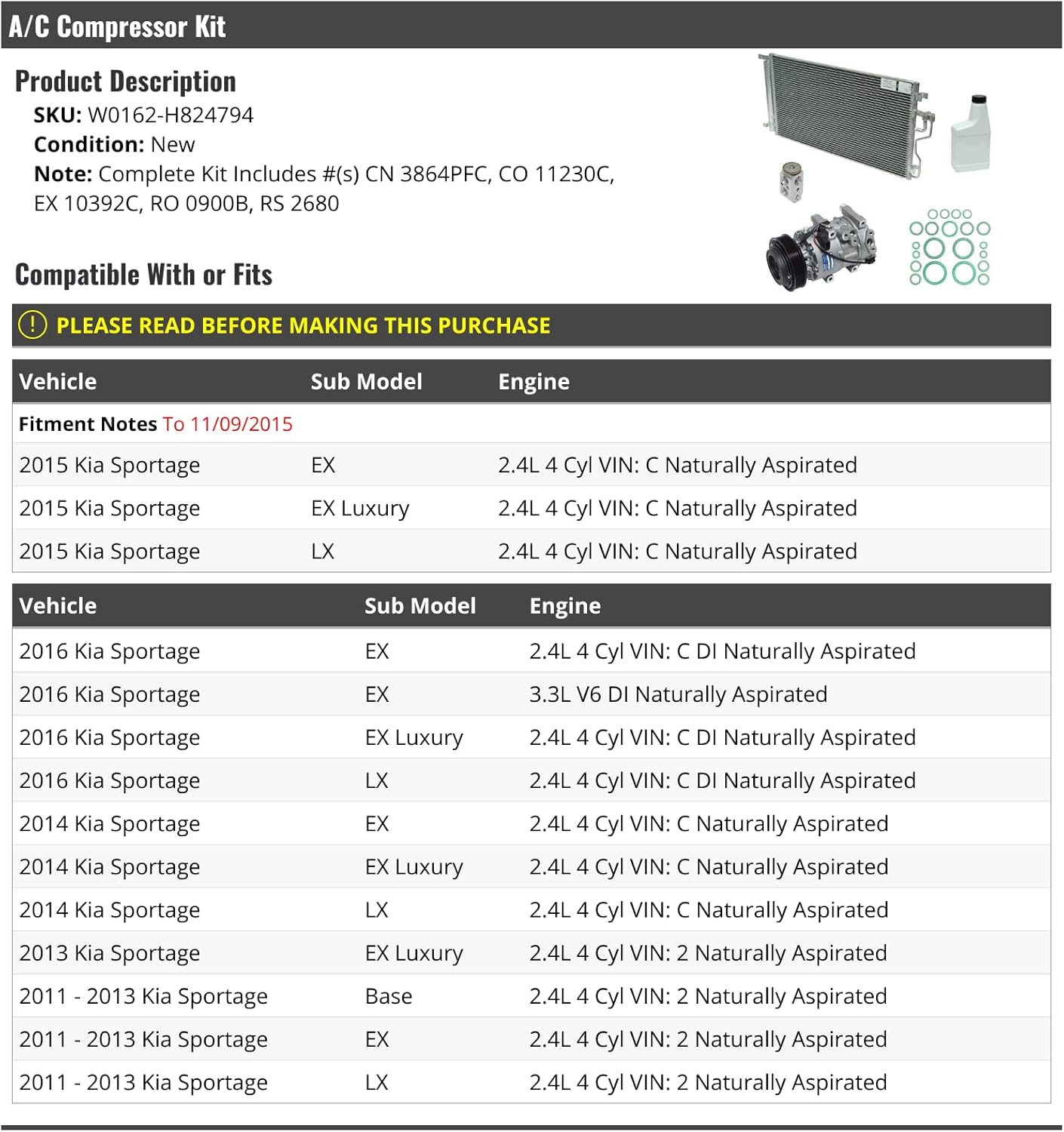 A/C Compressor Kit with Condenser - Compatible with 2011-2016 Kia Sportage (Up to 11/09/2015)