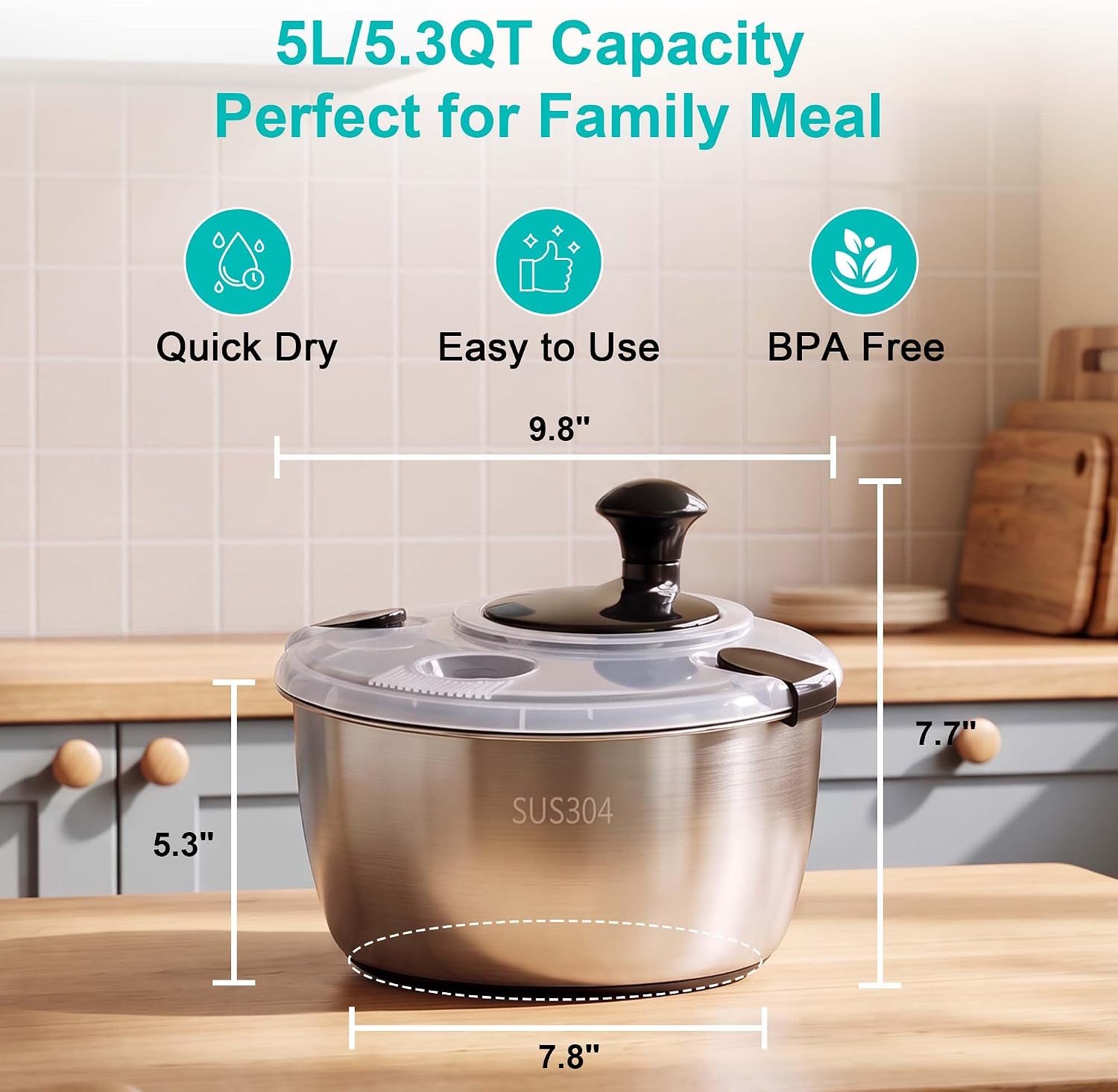 5.3QT Stainless Steel Salad Spinner, Large Lettuce Spinner & Vegetable Washer with Hand Crank, Locking Lid and Non-Slip Base, BPA-Free Salad Dryer for Fruits & Vegetables