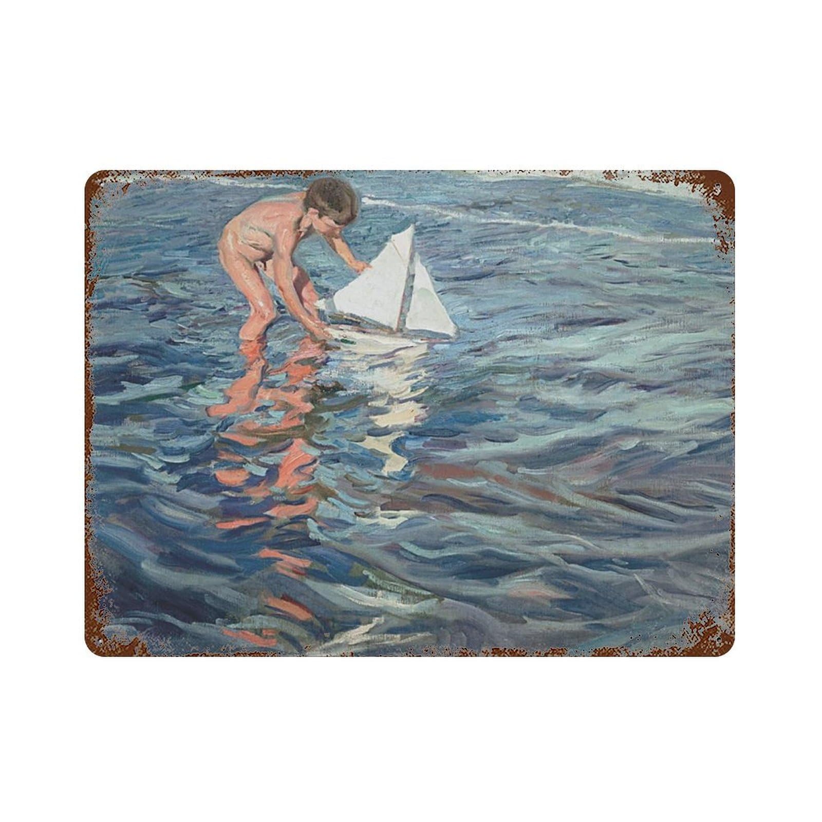 xiaoxiaoshen Vintage Beach Painting_ Boy With Sailboat, Coastal Wall Decor Art Metal Tin Poster Modern Home Decor Art Home Bar Shop Decorations Vintage Sign 30x40cm
