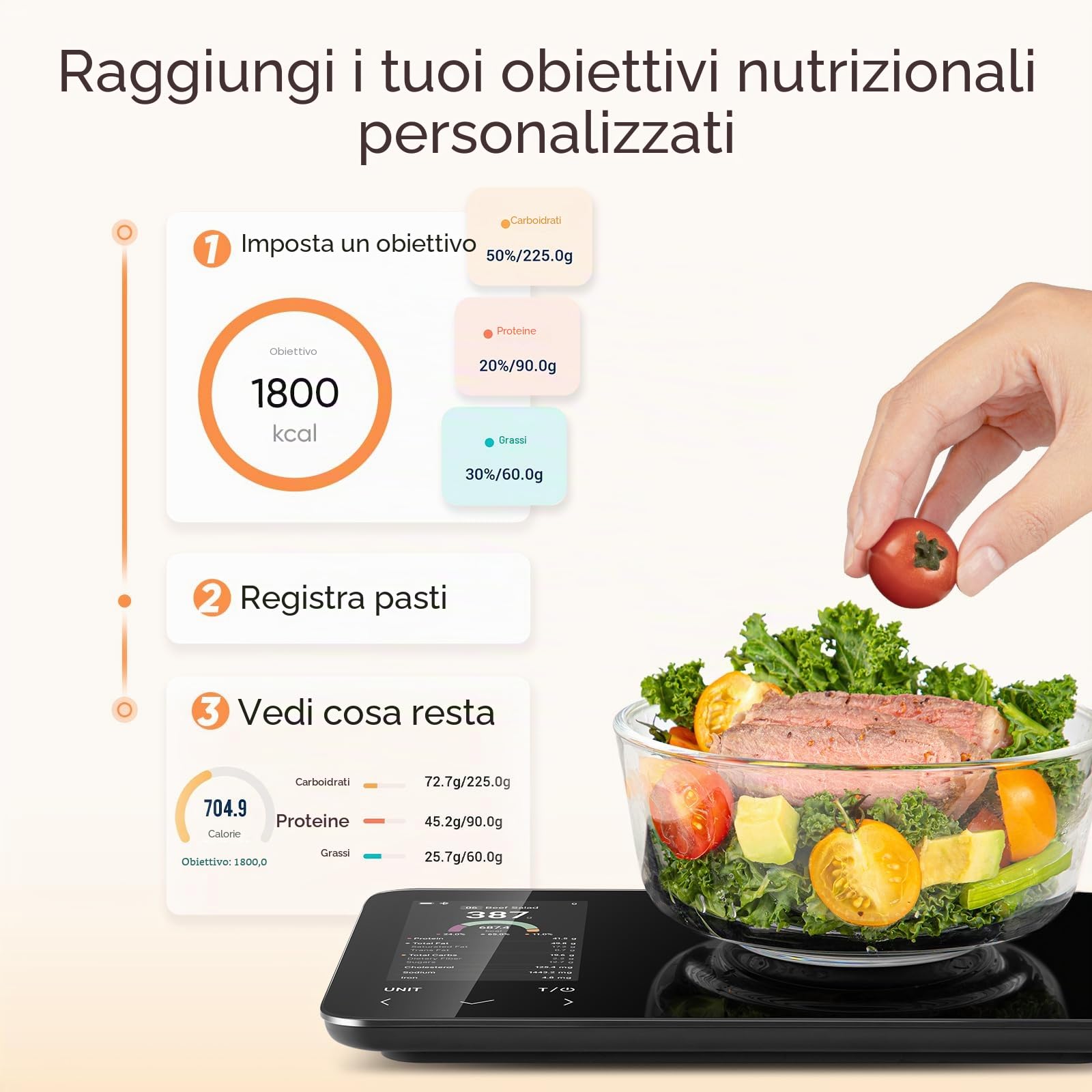 COSORI Bilancia da cucina intelligente Nutrilens, scala di conteggio delle calorie premium, scansione AI tramite app gratuita, traccia 19 nutrienti, informazioni sui nutrienti sullo schermo, USB-C
