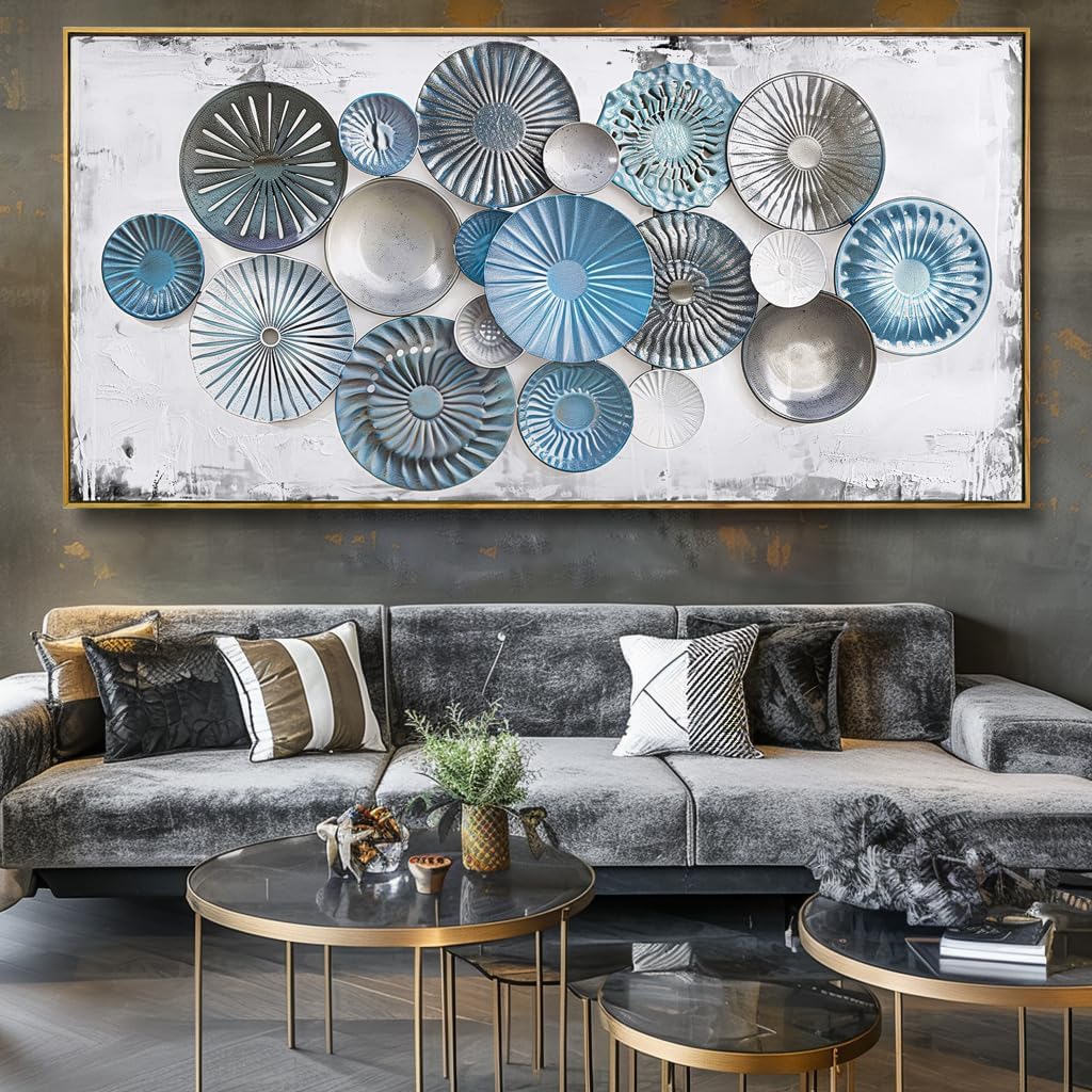 youkuart Wall Art Floral Canvas Painting Blue and Grey 20"x40" with Frame image 2