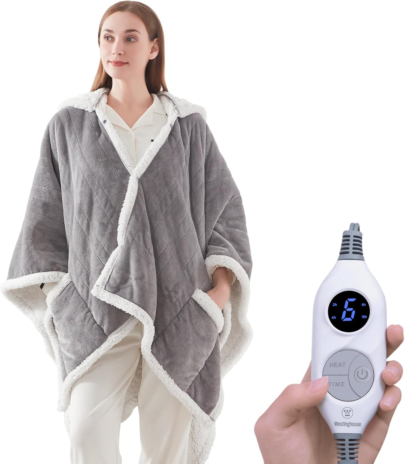Westinghouse Wearable Heated Throw Blanket, Electric Heated Wrap Poncho Shawl with Pockets, 6 Heating Levels & 2 to 10 Hours Time Settings, 50 x 60 Inch, Light Grey 60*50' Heated Hoodie Blanket Light Grey