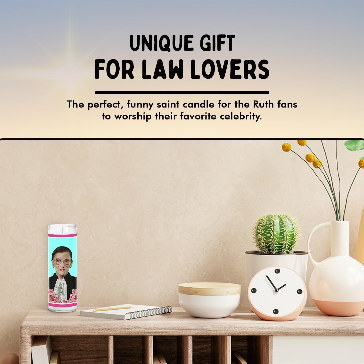 Ruth Celebrity Funny Candle – Unscented Handmade Soy Wax Votive Candle – Unique Gift for Bader Ginsberg Fans & Law Lovers – Home Decor Collectible for Living Room & Office – 8 Inch