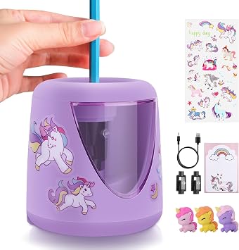 Electric Pencil Sharpeners for Kids, Cute Small Colored Pencil Sharpener for Home Classroom, Pencil Sharpener Electric Plug in, with Unicorn School Supplies,Purple