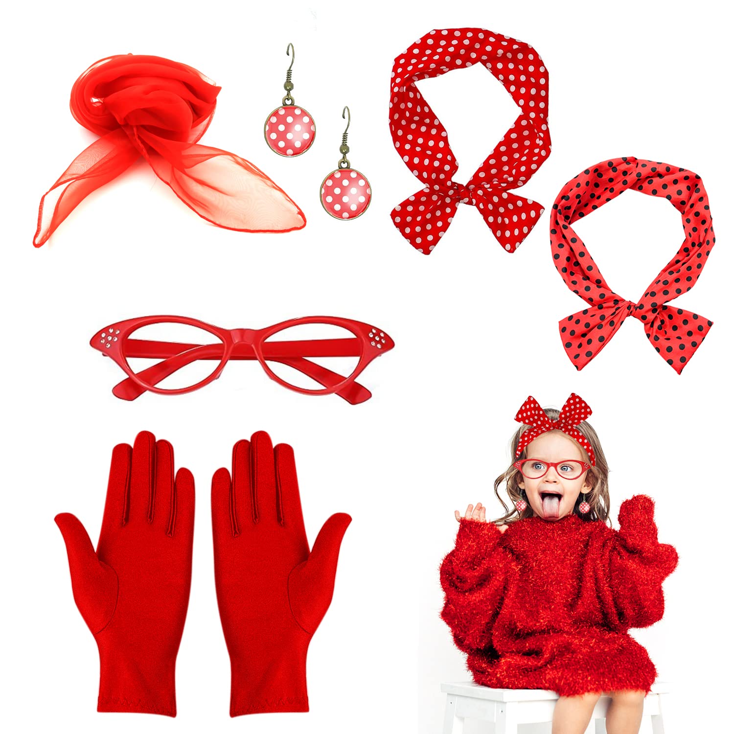 QEEQPF Pack of 5 1950s Women's Costume Accessories Chiffon Scarf Headband Glasses Gloves Earrings for Women Vintage Party Outfits red