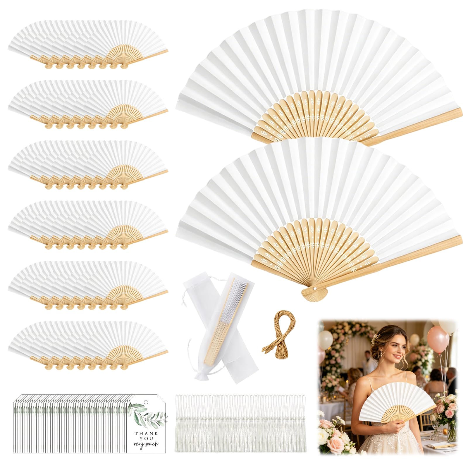 Fächer, 50 Stück Papierfächer-Set mit Dankeskarten Organzabeutel und Dekorationen 21 x 38 cm Handfächer für Hochzeit Geburttag Party DIY Dekoration (Weißem Papierfächer-Set mit Grüne Dankeskarten)
