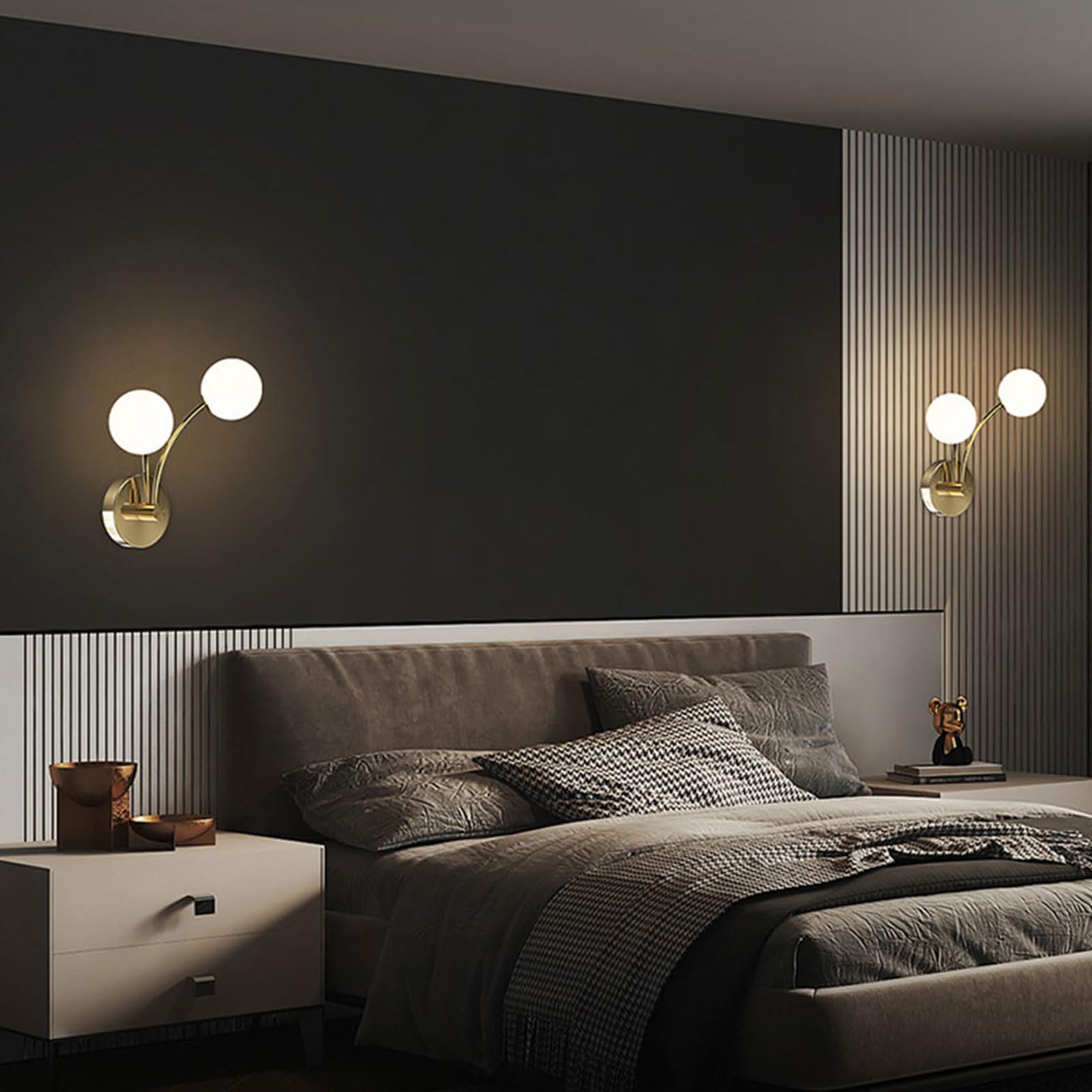 Applique da Parete in Rame Massiccio, Lampada nordica Moderna per Interni, Doppia Lampada Rotonda in Vetro per Soggiorno e Camera da Letto, 1 Confezione / 2