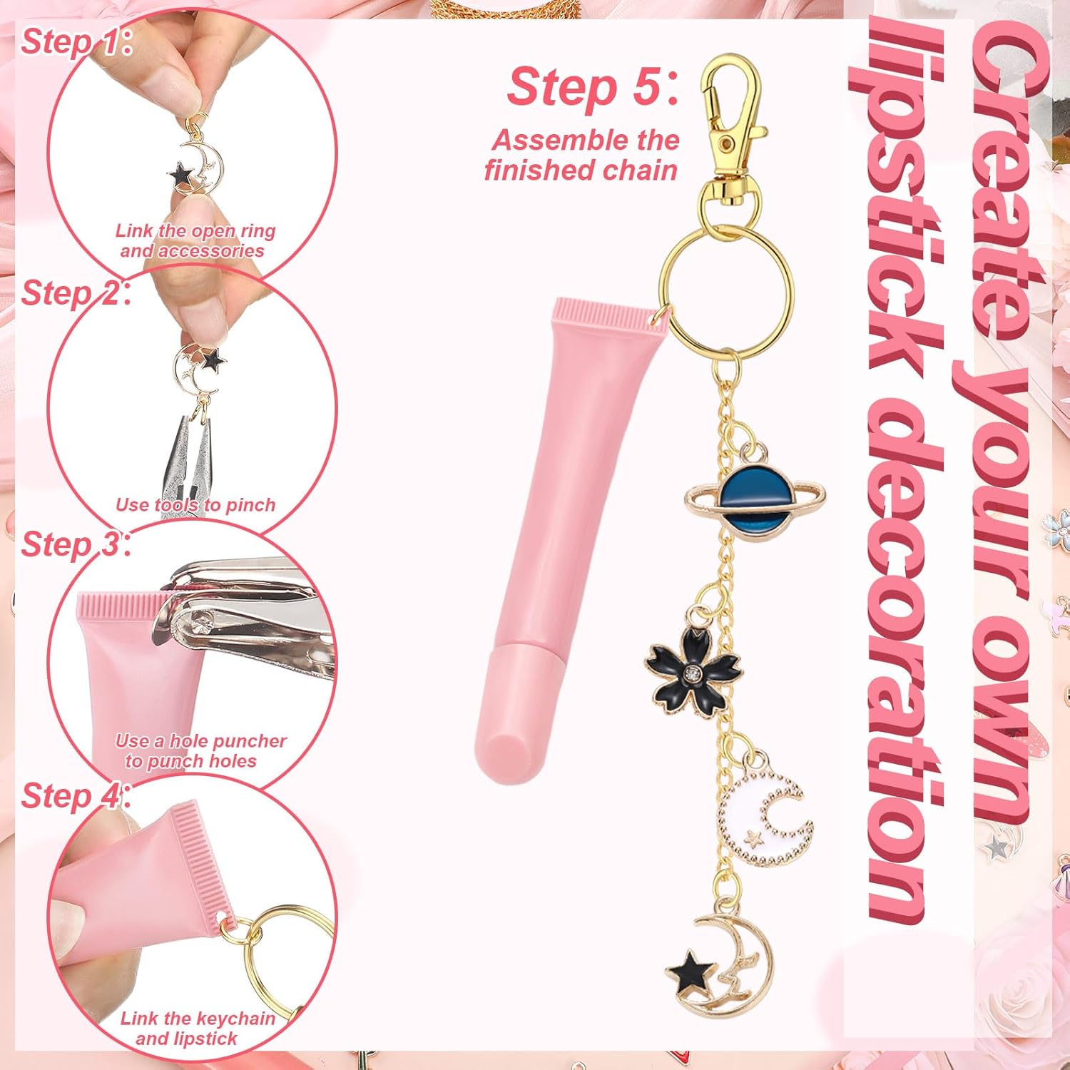 VioraWhite 213 Pcs Lip Gloss Keychain Making Kit 100 Pink Enamel Charms 32.81 ft Gold Chains for DIY Crafts Women(Stylish) - Image 3