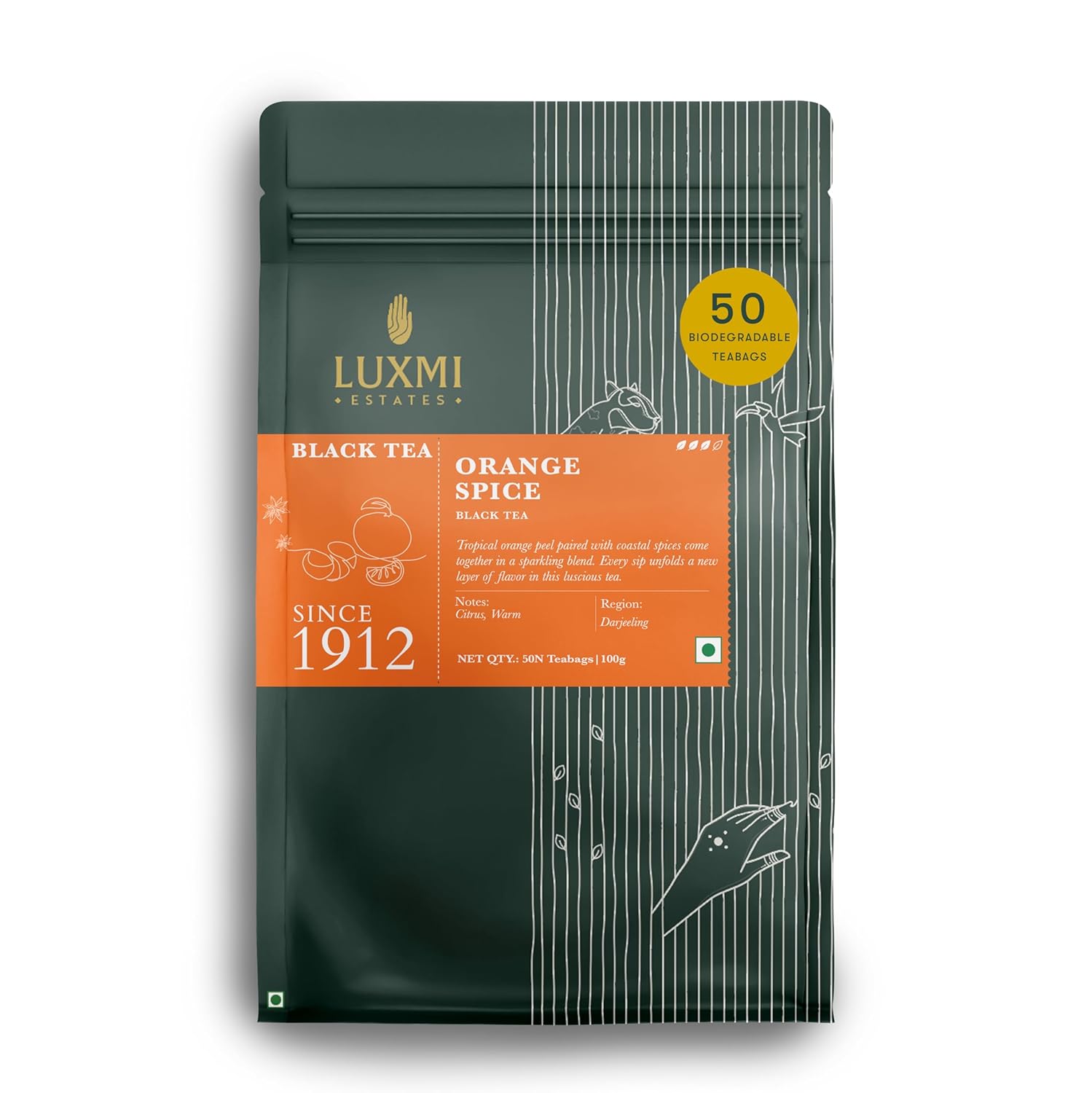 Luxmi Estates Orange Spice Darjeeling Black Tea for Caffeinated Morning Boost Natural Energy | 50 Biodegradable Teabags (50 cups)