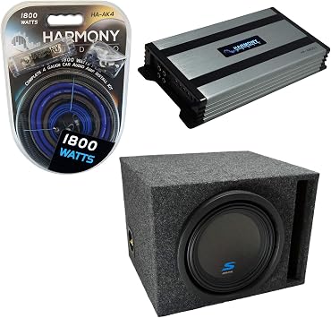 Harmony Audio Universal Car Stereo Vented Port Single 10" Alpine Bundle Type S S-W10D4 Sub Box Enclosure with-HA-A800.1 Amplifier & 4GA Amp Kit