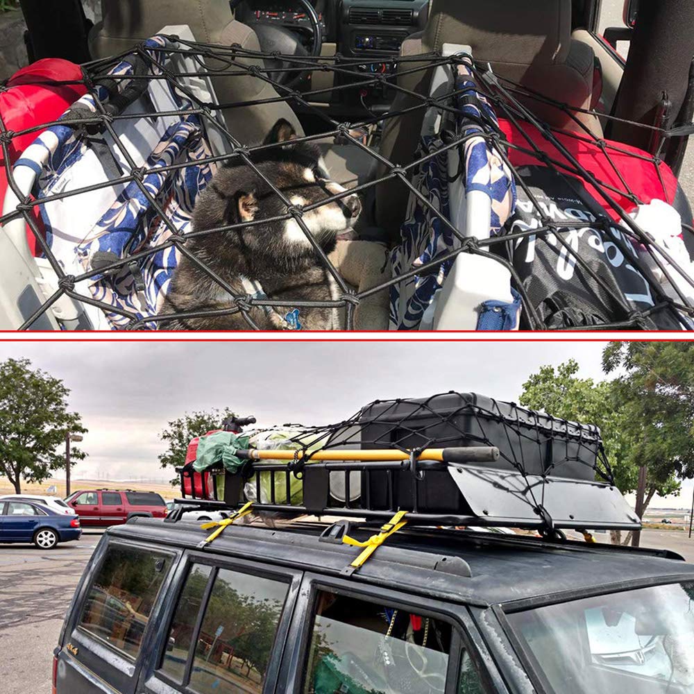 Gepäcknetz Bungee Cargo Net Strech Super Duty Mesh Hält verstellbare Haken Dachfrachtträger Schwarz 120 * 90 cm