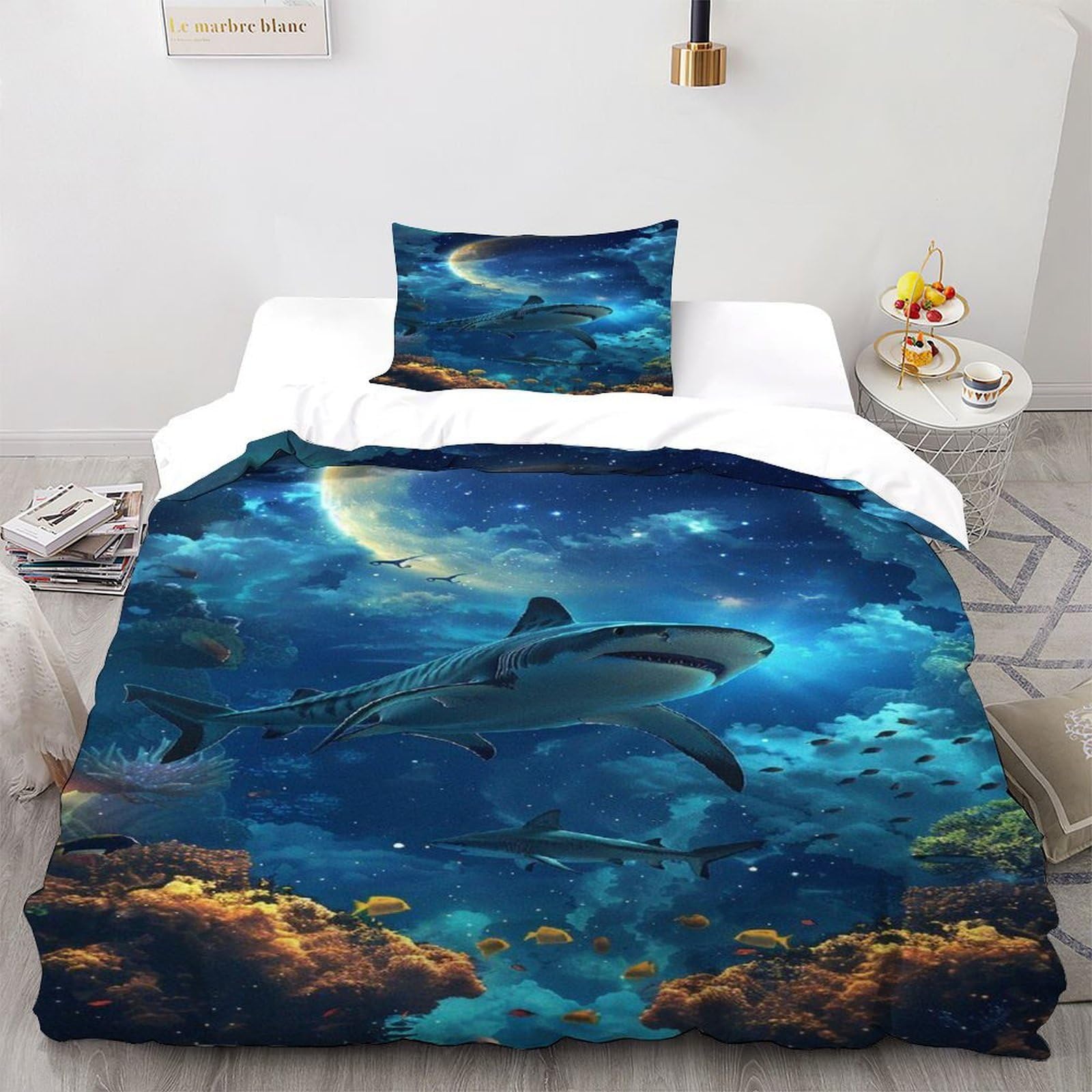 CIVETGDC Shark Bedding Set Theme Bedspread Wildlife Duvet Cover Set Microfiber Comforter Cover for Boys&Girls with Pillowcase Single（135x200cm）