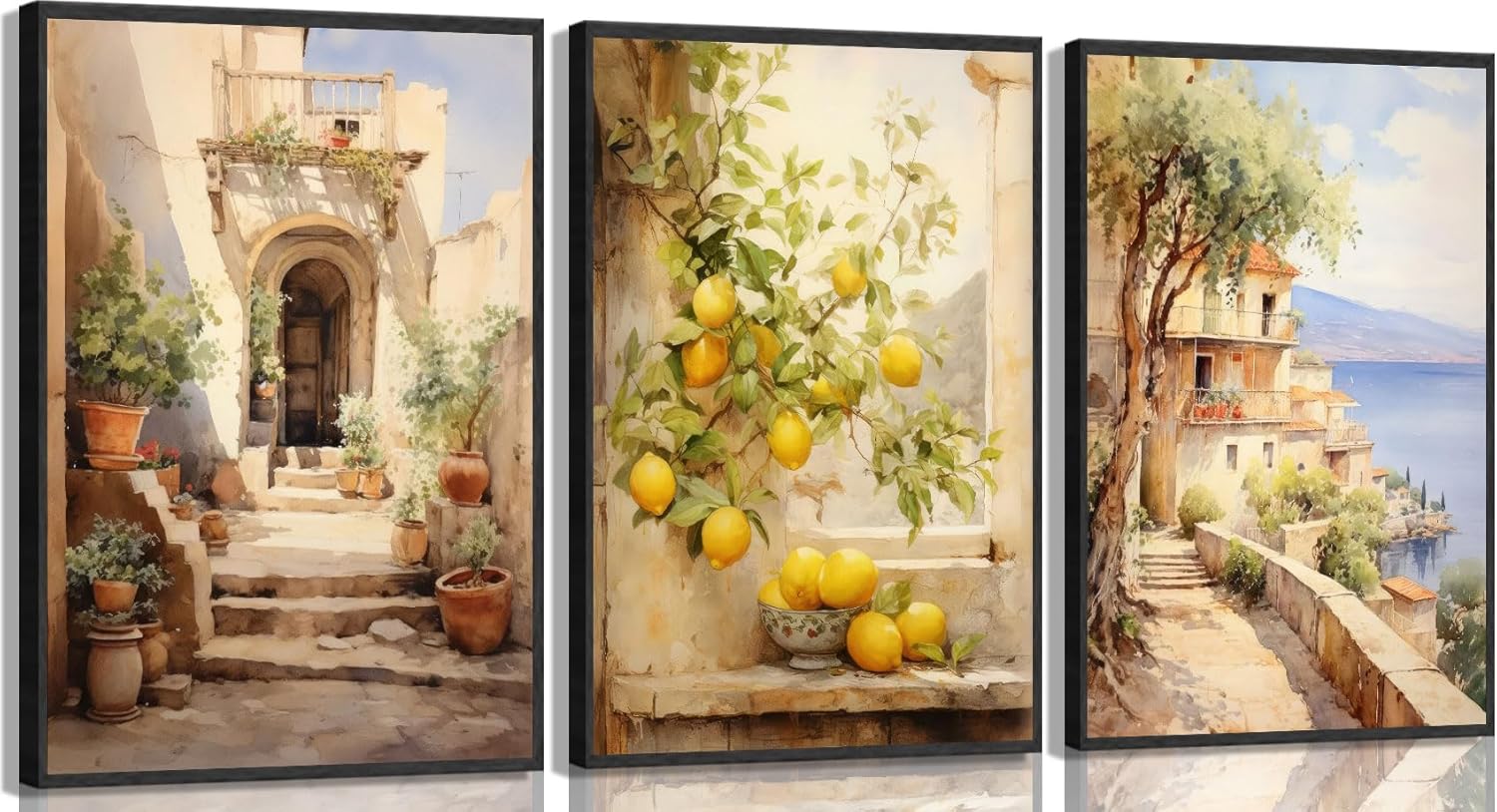 FEACFQKJ 3Pcs Italian Amalfi Coast Wall Art Vintage lemon Tree Wall Decor Print Artwork Mediterranean Travel Landscape Painting Pictures for bedroom living room home decoration 16x24in Poster