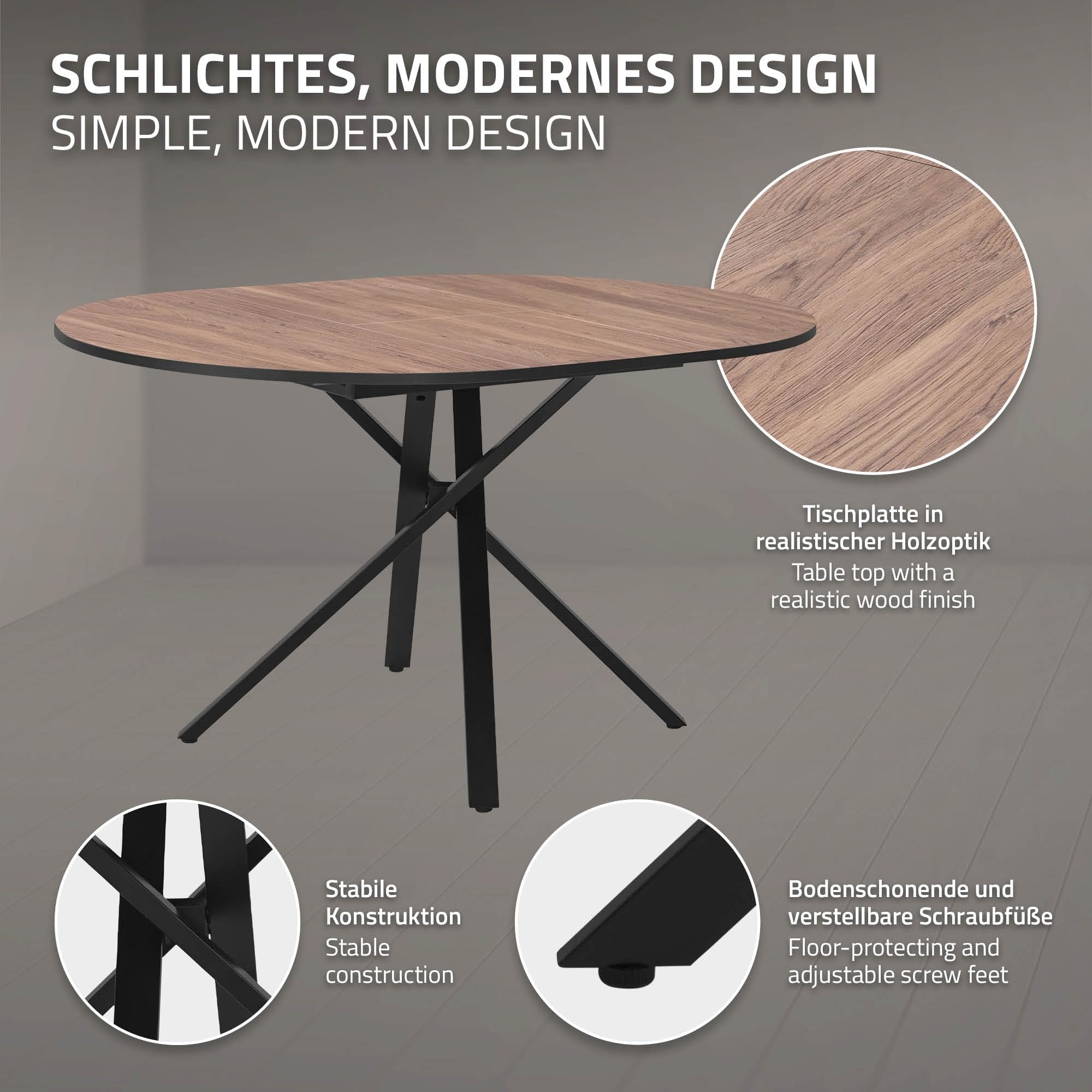 ML-Design Rozkladany Okragly Stól do Jadalni, Brazowy Dekor Drewna 100-140 x 76 x 100 cm, Stól Kuchenny dla 4-6 Osób z Metalowa Podstawa X, Nowoczesny Stól do Salonu, Kuchni, Jadalni, Loftu i Domu