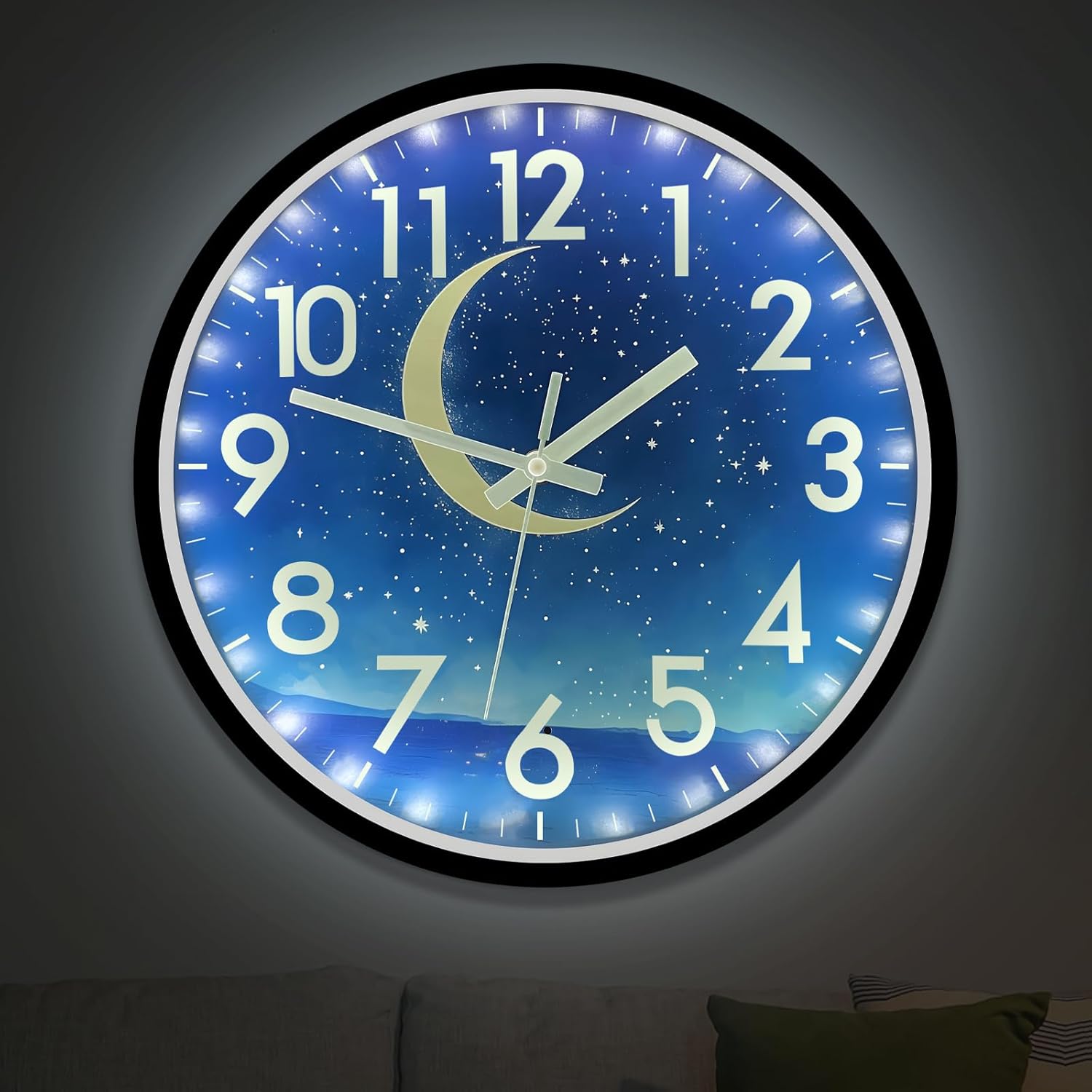 JoFomp Glow in The Dark Wall Clocks Battery Operated, 12 Inch Blue Moon Silent Wall Clock Non Ticking, LED Sound Control Light Up Wall Clock for Bedroom, Night Light Wall Clocks for Living Room Decor