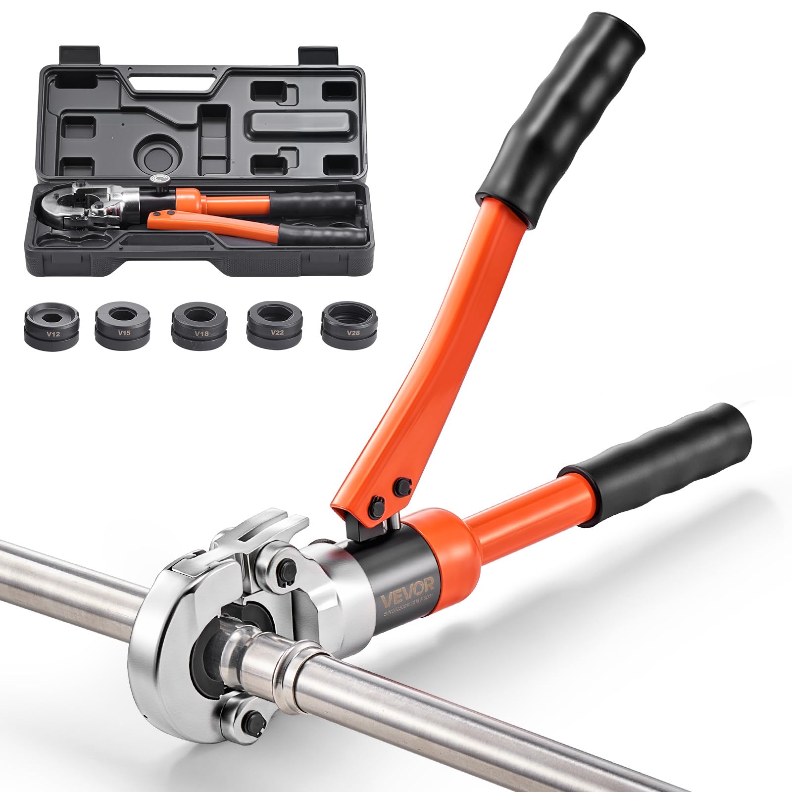 VEVOR Pince à Sertir Hydraulique Tuyau en Acier Inoxydable Sertisseuse Raccords Tuyaux avec Mâchoire V12 V15 V18 V22 V28 Mallette de Transport Kit Sertissage pour Réparation Installation Plomberie