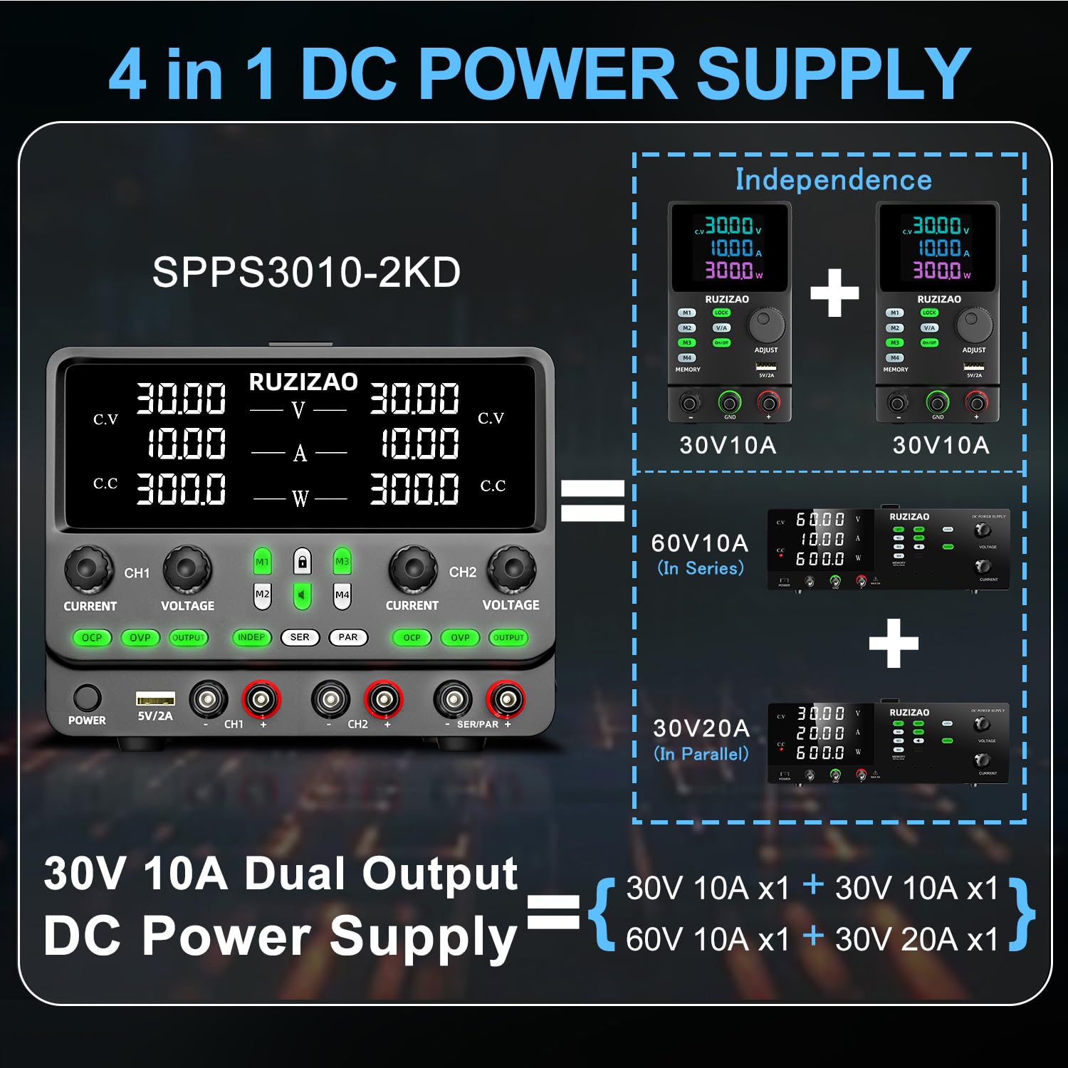 Alimentation Laboratoire Double: 30V 10A 300W Réglable Série (60V 10A 600W) Parallèle (30V 20A 600W) Alimentations de Laboratoire avec OCP Et OVP Mémoire de Stockage Commutateur de Sortie