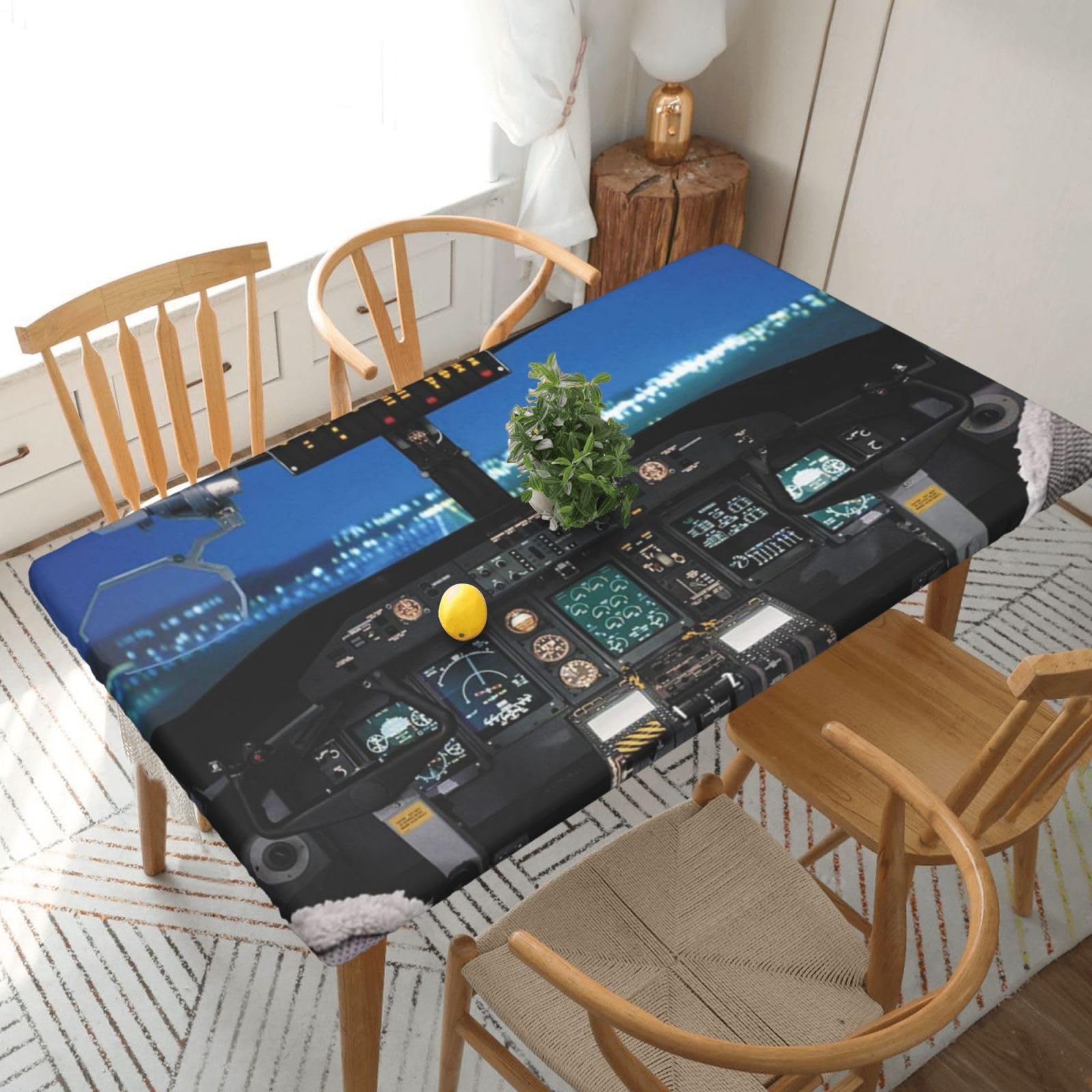 DCEHGEW Elastic Fitted Rectangle Tablecloth for 5ft Tables, Airplane Cockpit Printed Oilproof & Washable Fabric Picnic Table Cloth Table Covers