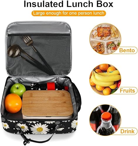 Miniatura 7 de Lonchera reutilizable con diseño de margaritas blancas, bolsa de almuerzo aislada, lonchera para comida y alimentos, bolsa de mano para mujeres,