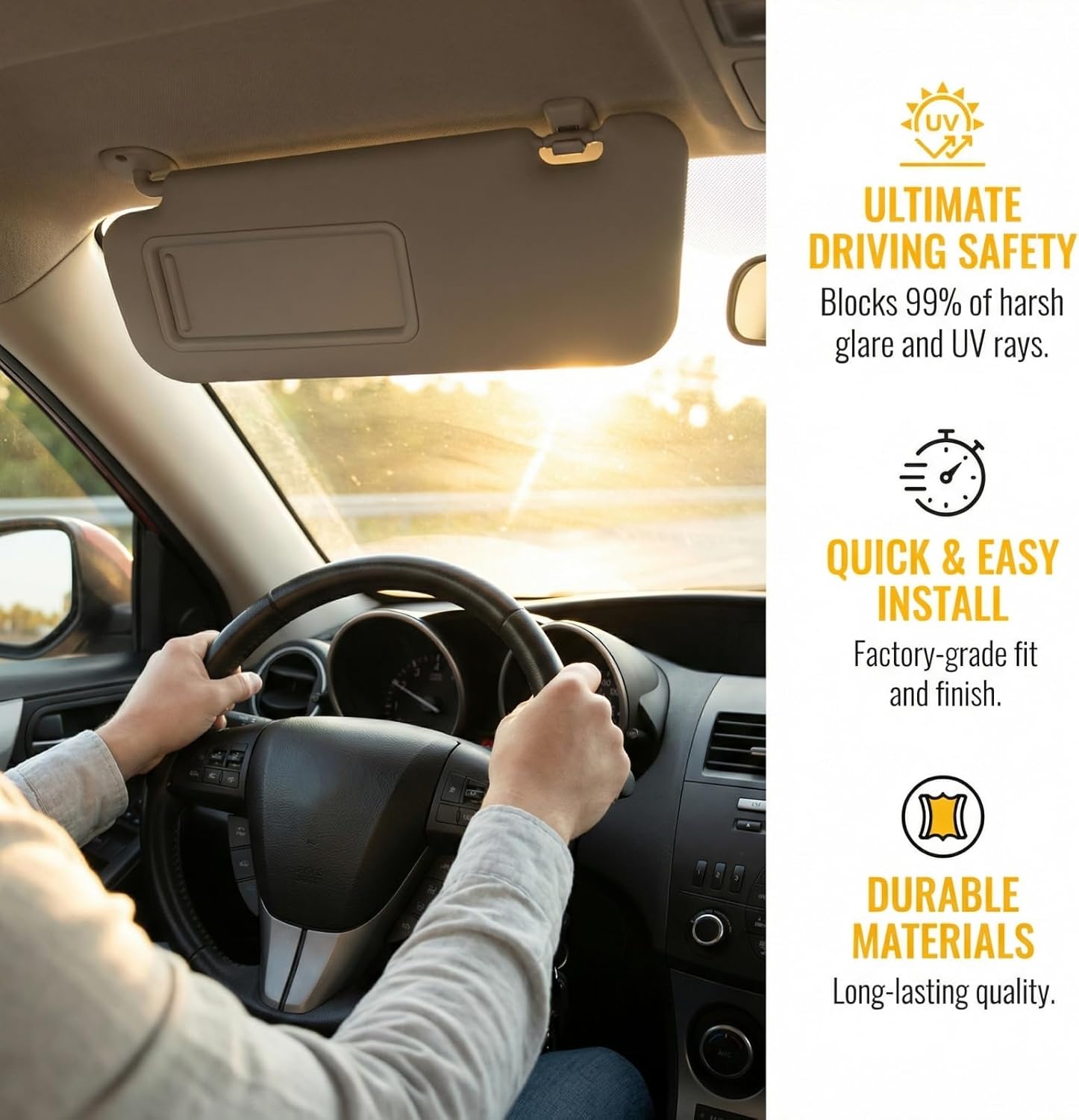 Sun Visor Pair Compatible with 2010-2013 Mazda 3 (Non-Illuminated) - Driver & Passenger Sunshade Kit w/Clips, Screws Instructions - Replaces BBM2-69-320C-75 (Gray)