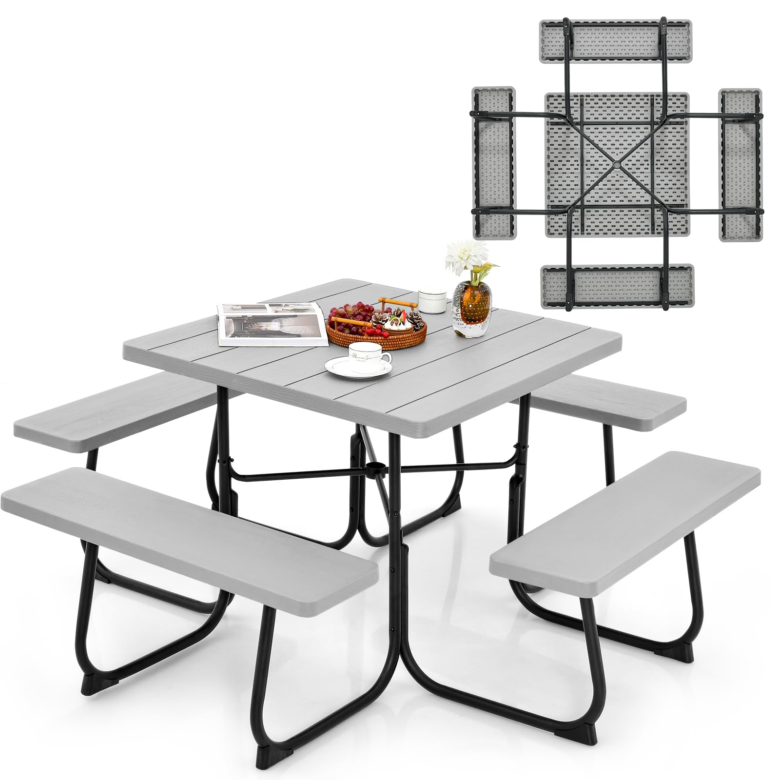 KOMFOTTEU Bierzeltgarnitur für 8 Personen, Quadratisches Picknicktisch Set mit Schirmloch & 4 Bänken, Gartenmöbel Set aus HDPE & Metall, Gartengarnitur Sitzgarnitur für Terrasse (Grau)