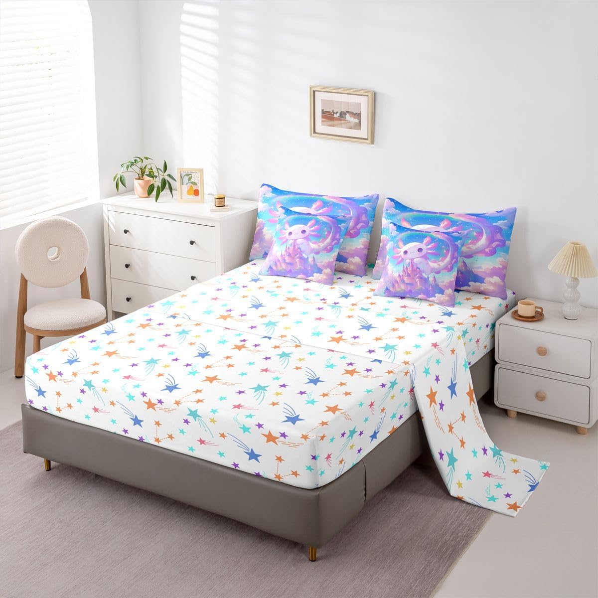 Erosebridal Purple Axolotl Cartoon Girls Rainbow Comforter Set Queen Size 7 Pieces | Dreamy Castle Princess Bed in A Bag Blue Kawaii Salamander Bed Set Kids Teens Women Bedding
