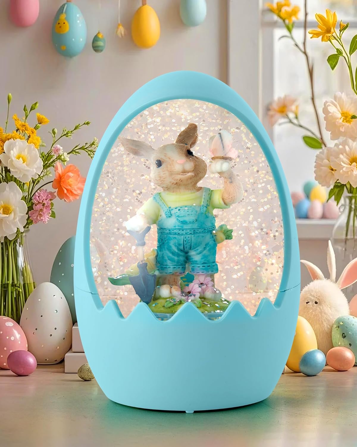 Easter Bunny LED Snow Globe - Egg-Shaped Glitter Decor with Rabbit, Spring Home Decorations for Table/Mantel, Holiday Party Gifts (Blue)
