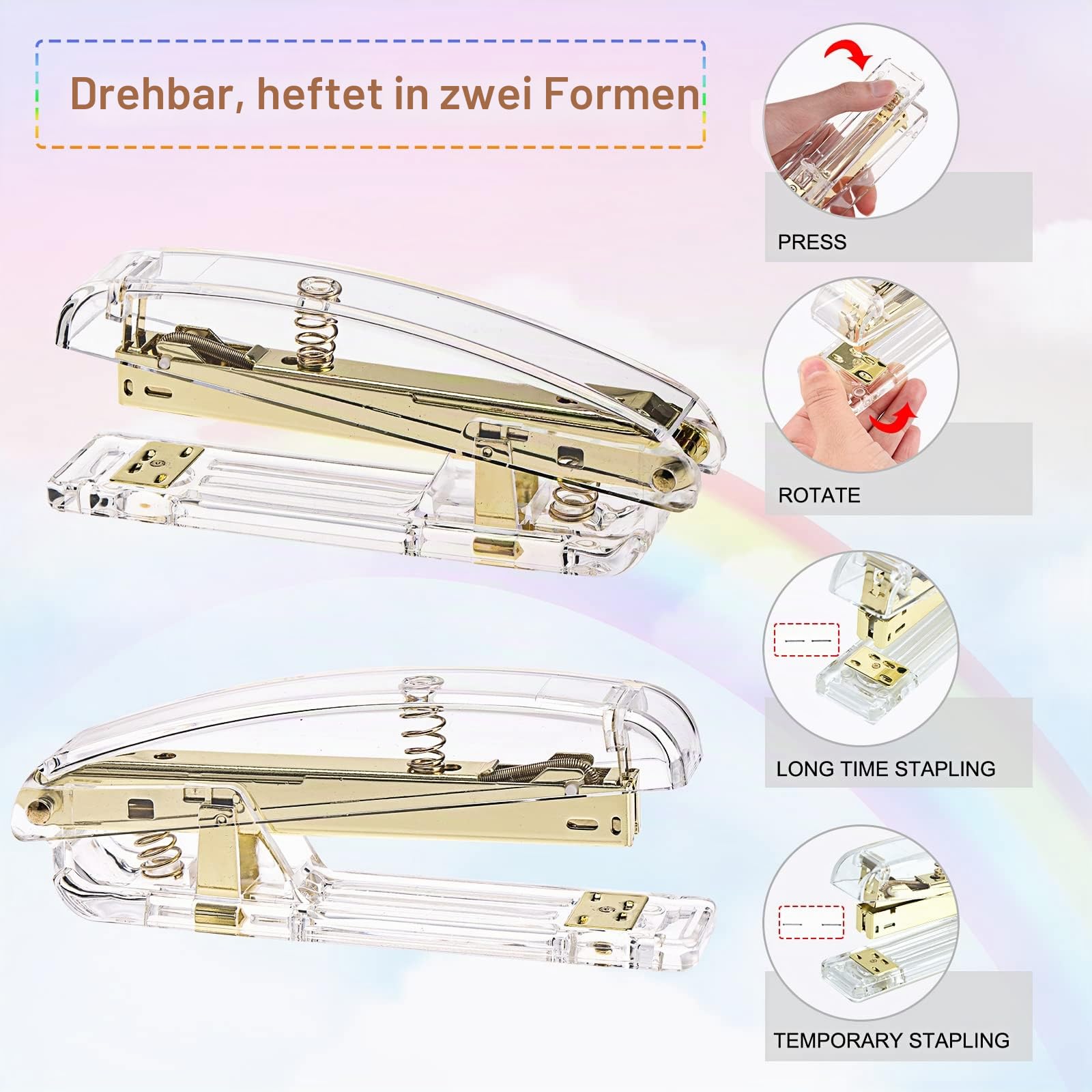 EOOUT Gold Office Supplies Set Schreibtischzubehör, Acryl Heftgerät Set Heftklammerentferner, Telefonhalter, Klebebandhalter, Stifthalter, Lineal, transparenter Kleber und Heftklammern.
