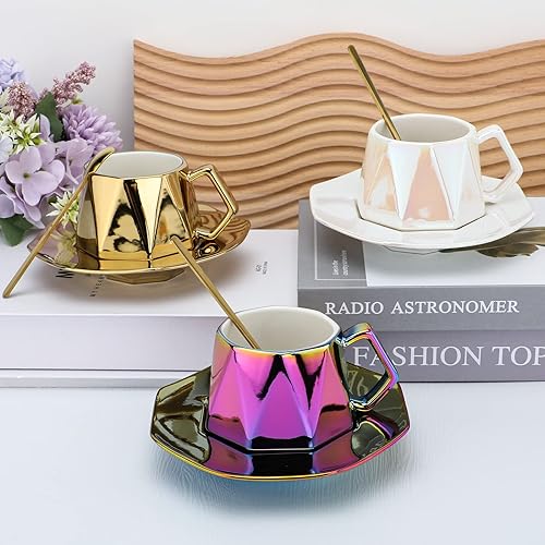 Miniatura 3 de Taza de café de cerámica creativa con platillo de diamante galvanizado y cuchara, taza de café novedosa con agarre cómodo para oficina y hogar, 8.5