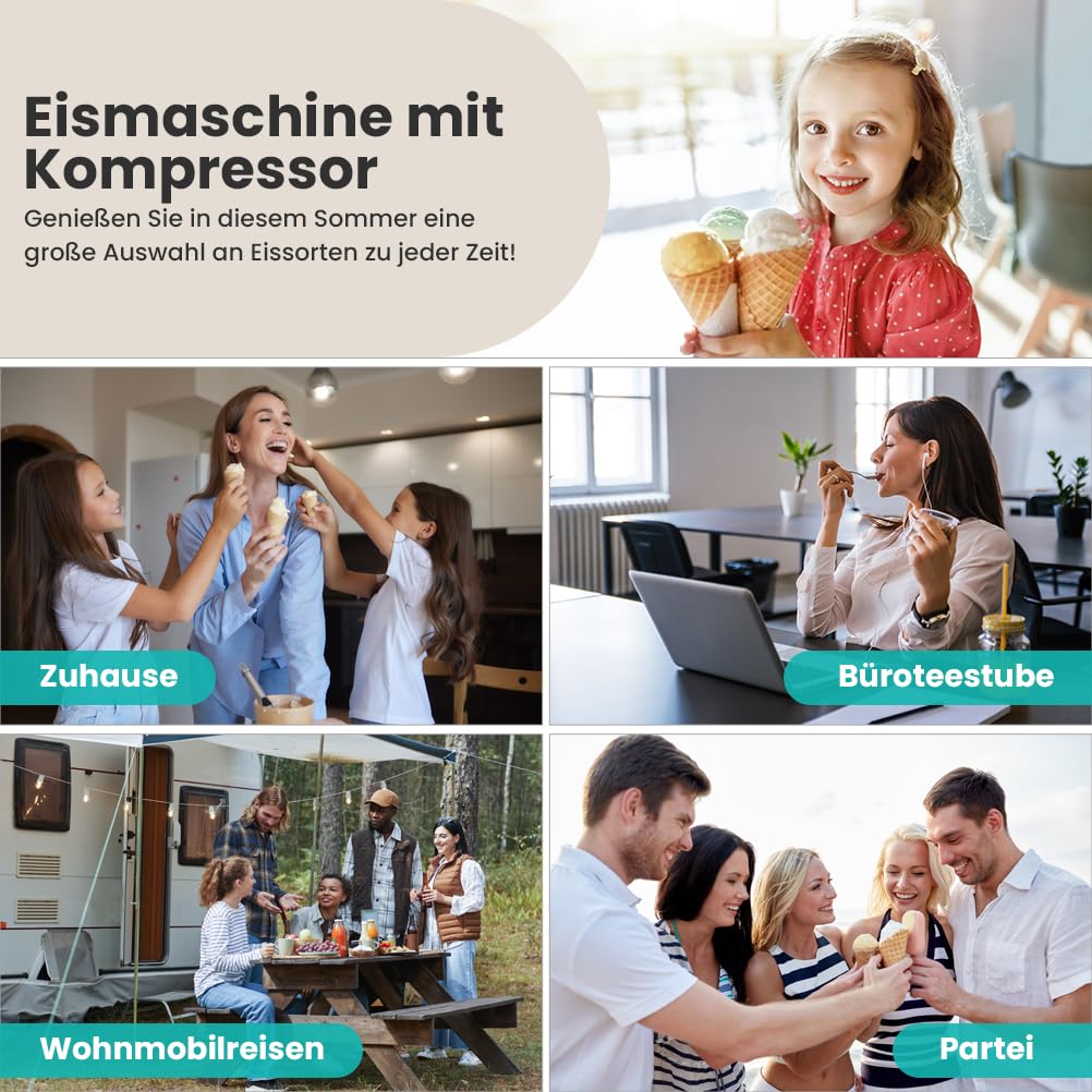 Eismaschine mit Kompressor 1,2L, Eismaschine Selbstkühlend 110W, mit Entnehmbarem Eisbehälter, inkl. Eisportionierer/Messzylinder mit Skala