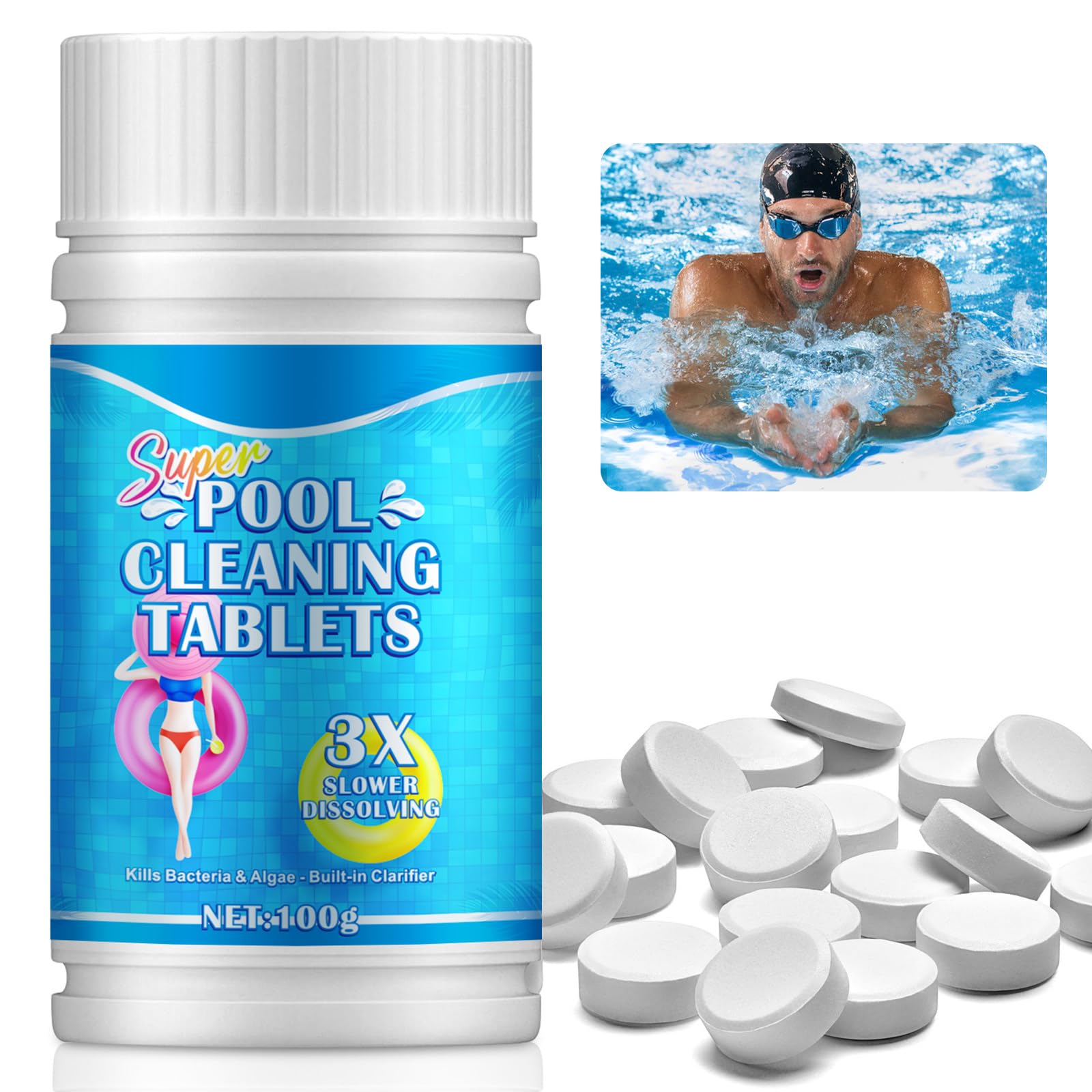 Chlorine Tablets for Swimming Pool,Hot Tub&Swimming Pool Chemicals,Chlorine Tablets for Hot Tub, Swimming Pool chlorine tablets,Spa Cleaning,100PCS