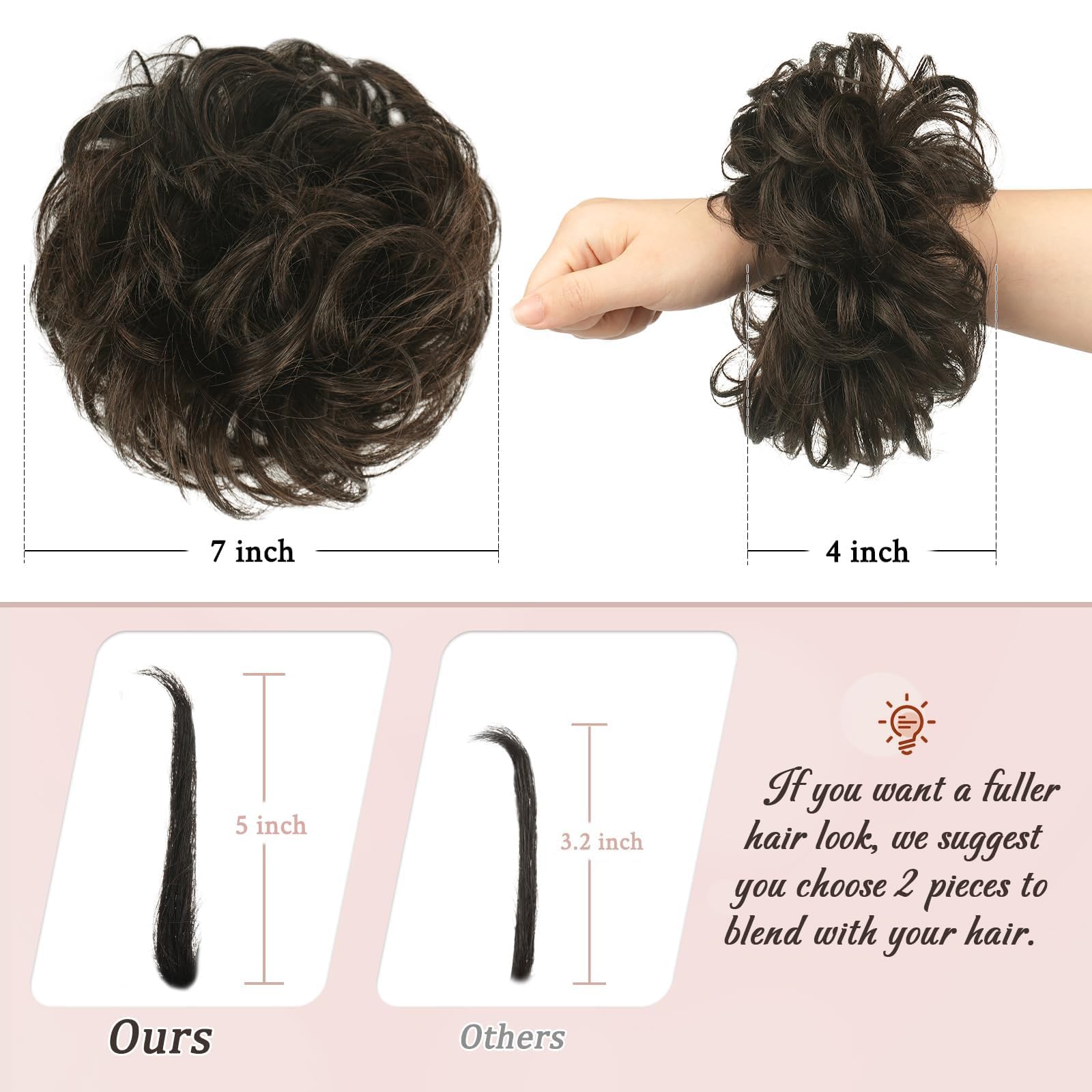 RUWISS Unordentlicher Haarteil 100% Echthaar Rose Dutt für Frauen Echthaar Scrunchies Hochsteckfrisur Haarteile Gelockt Bun Verlängerung（Natürl Braun）