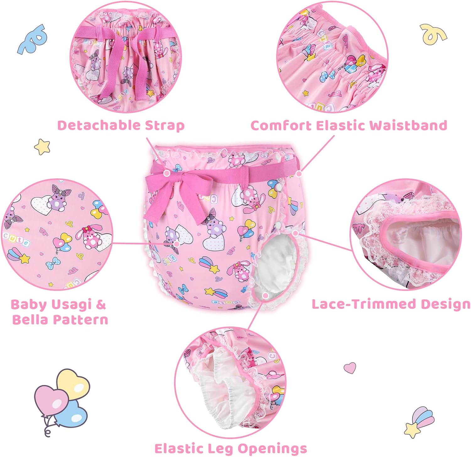 Littleforbig Silky Adult Ribbon Omutsu Diaper Wrap Cover Washable Adjustable Reusable Waterproof - Baby Usagi & Bella Pattern XL - Image 3