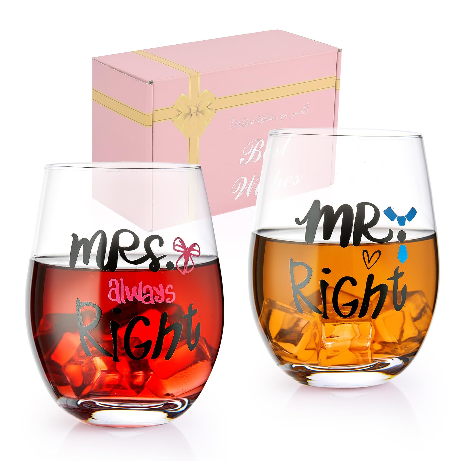 JOONYOEE Wedding Gifts for Bride and Groom, Couple Gifts Mr Right and Mrs Always Right Stemless Wine Glass Set for New Home, Engagement, Anniversary, Golden Wedding