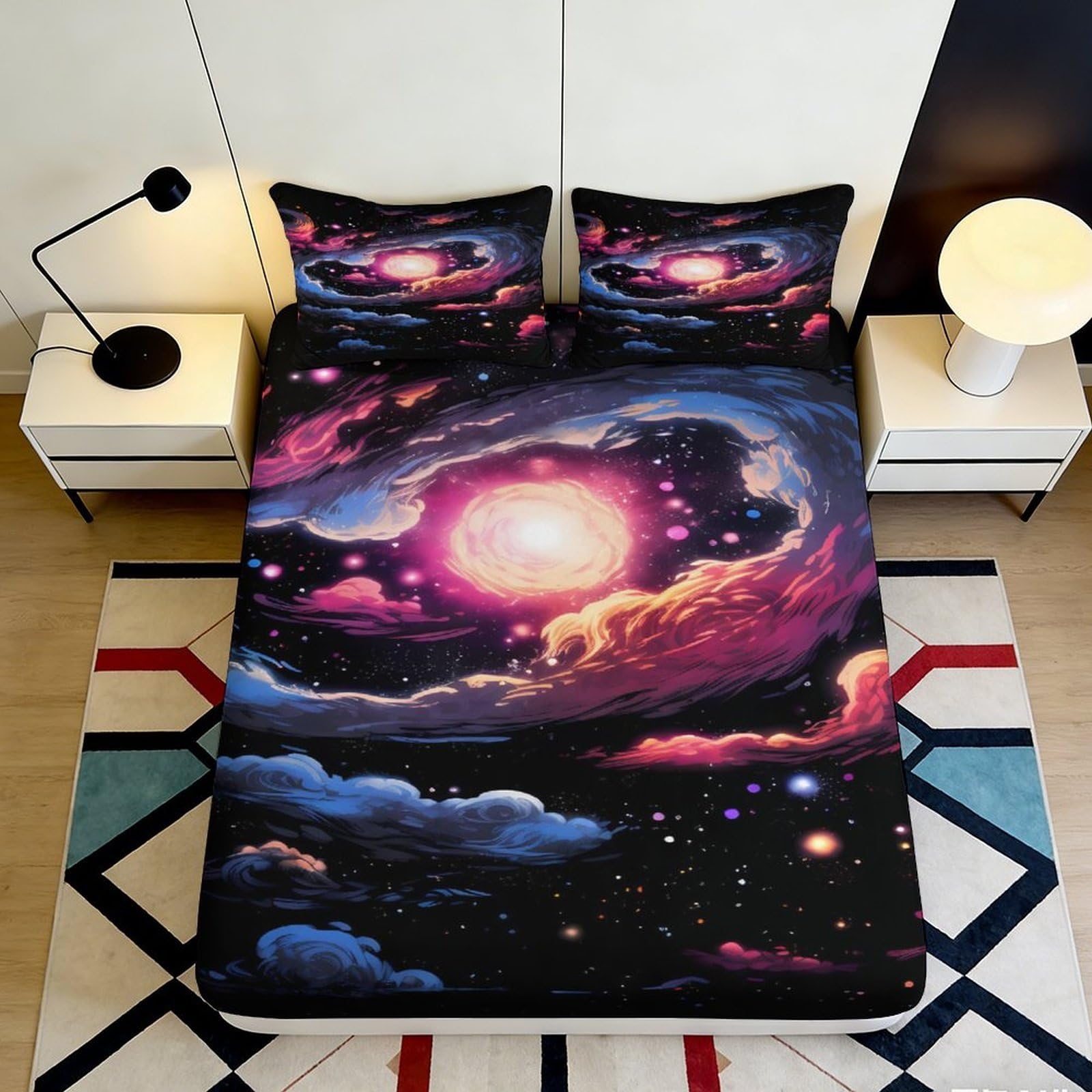 3D Printed Galaxy Fitted Sheet Microfiber Deep Pocket Non-Slip Bedroom Bedding Cosmic Mattress Fitted Cover Washable for Adults Teens 140x200x25cm