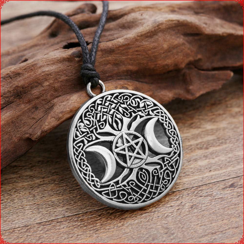 Celttic Knot Triple Moon Pentagram Pentacle Star Wicca Pendant Necklace Round Pagan Jewelry - Image 4