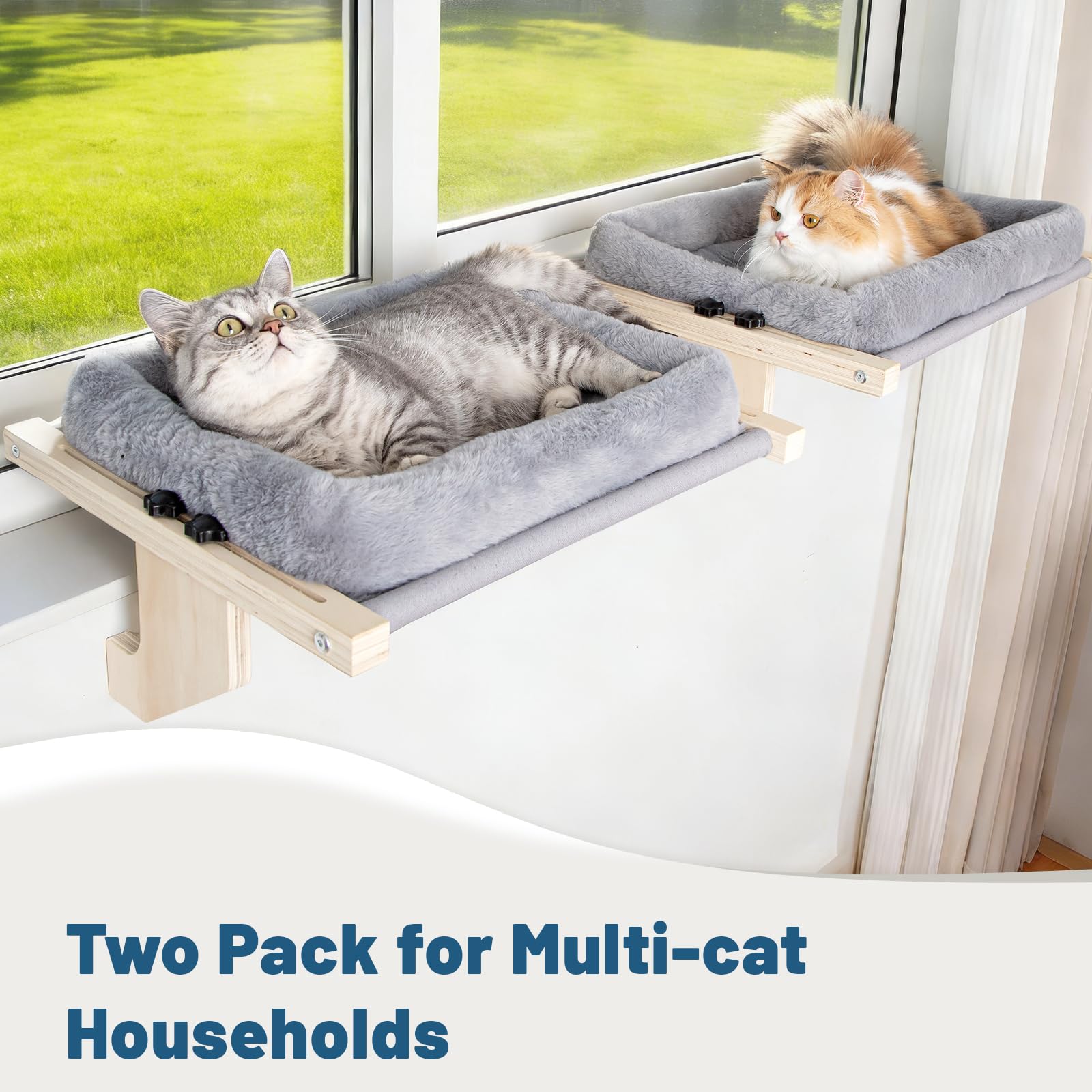 Fensterstange für Katzenschweller, Rahmen aus 100 % natürlichem Kiefernholz, weiches Kaninchenfellkissen, werkzeuglose Anpassung, unterstützt 22,7 kg (groß-grau)