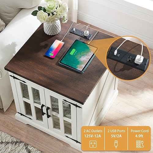 Miniatura 3 de Barnyatoh Mesa auxiliar de granja con estación de carga, mesa auxiliar grande de sofá de 24 pulgadas con puerta de granero de cristal, mesita de