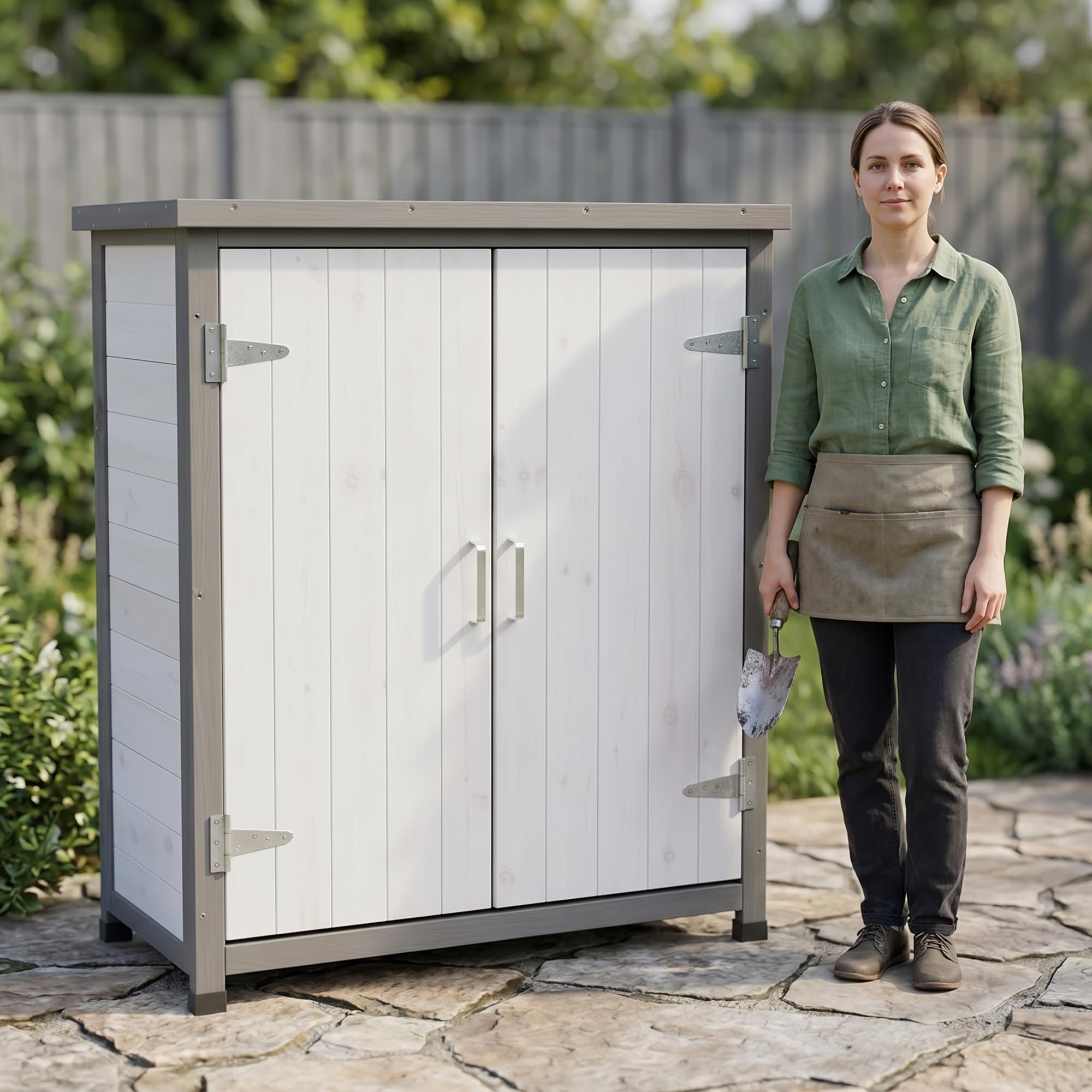 Mucola Geräteschrank Garten 75x40x90 cm Holz Weiß – wetterfester Gartenschrank mit Einlegeboden & silberfarbenen Beschlägen – Aufbewahrungsschrank Outdoor für Terrasse Balkon Gartenschuppen