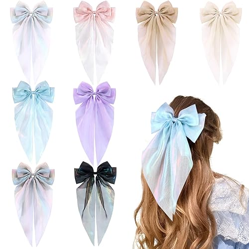 8Pcs Tulle Hair Bows for Women Girls 8 Inch Big Layered Barrette Hair Clip Large Long Colorful Summer Bows French Style Hair Accessories - Colorful Tulle Bow