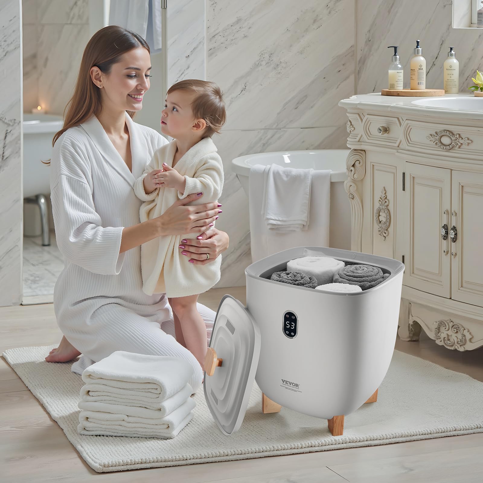 VEVOR Scaldasalviette Capienza 25 Litri con Schermo LED, Scaldacoperte per Bagno, 4 Livelli di Timer, Impostazione Temperatura, Blocco di Sicurezza, per Spa, Casa, Grigio