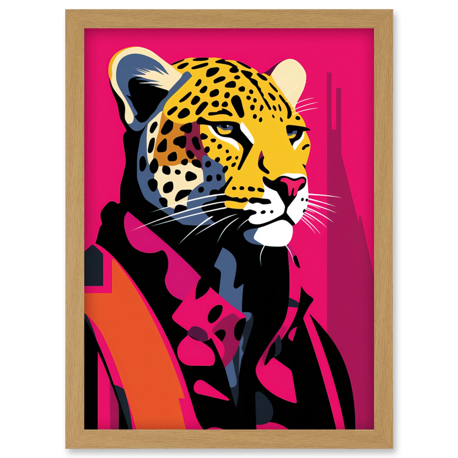 Artery8 Strong Leopard in Suit Bold Artwork Orange Pop Art Hot Pink Vibrant Portrait Artwork Framed Wall Art Print A4