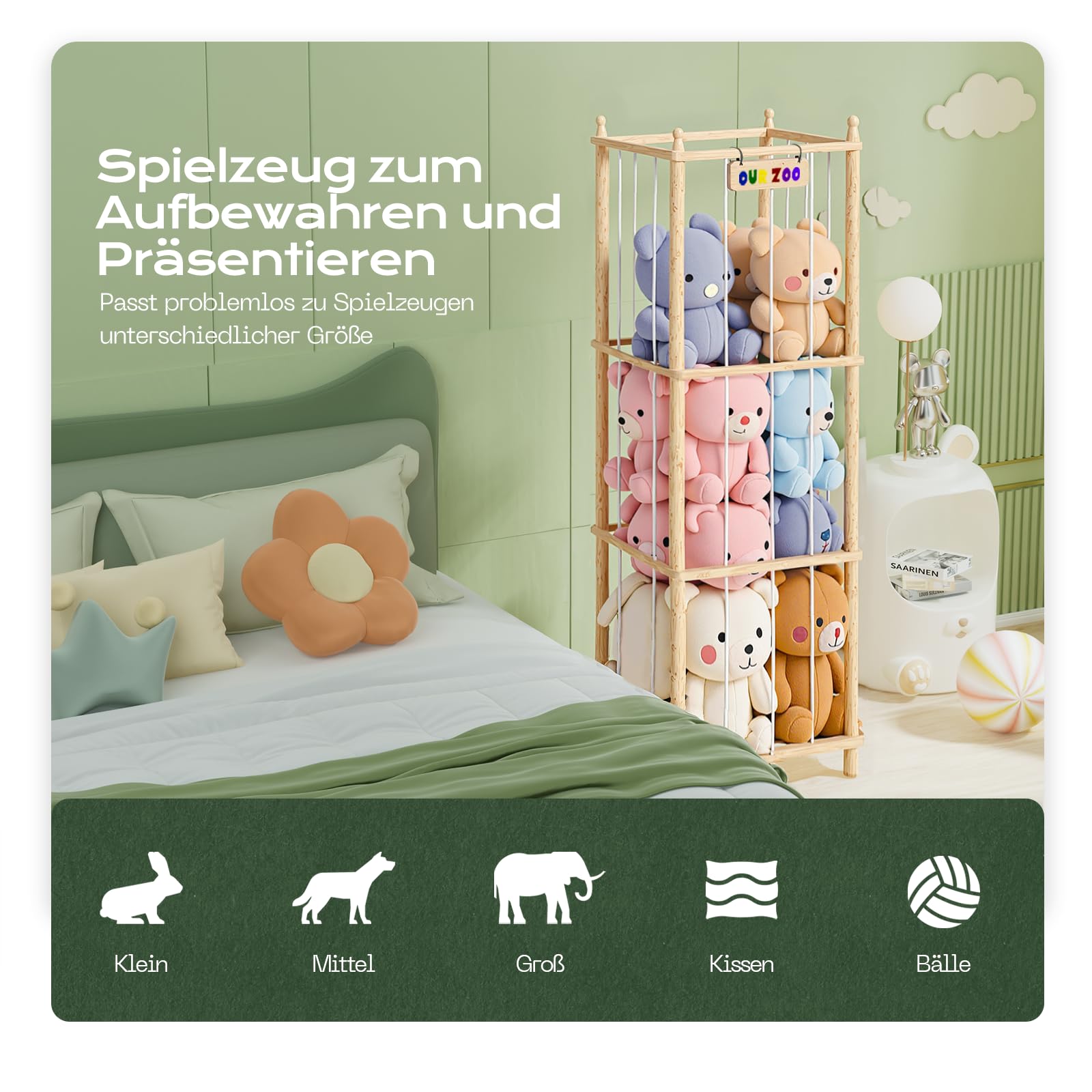 Holz Kuscheltier Aufbewahrung, Ahatstor Stofftier Aufbewahrung Stabil & Langlebig, Platz Sparen Stuffed Animal Storage für Spielzimmer, Kinderzimmer, Schlafzimmer, Wohnzimmer